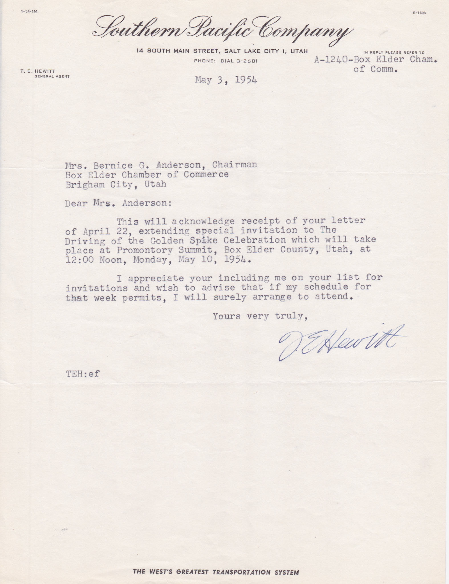 Letter from Southern Pacific General Agent T.E. Hewitt, May 3, 1954. Bernice Gibbs Anderson Collection, NPS