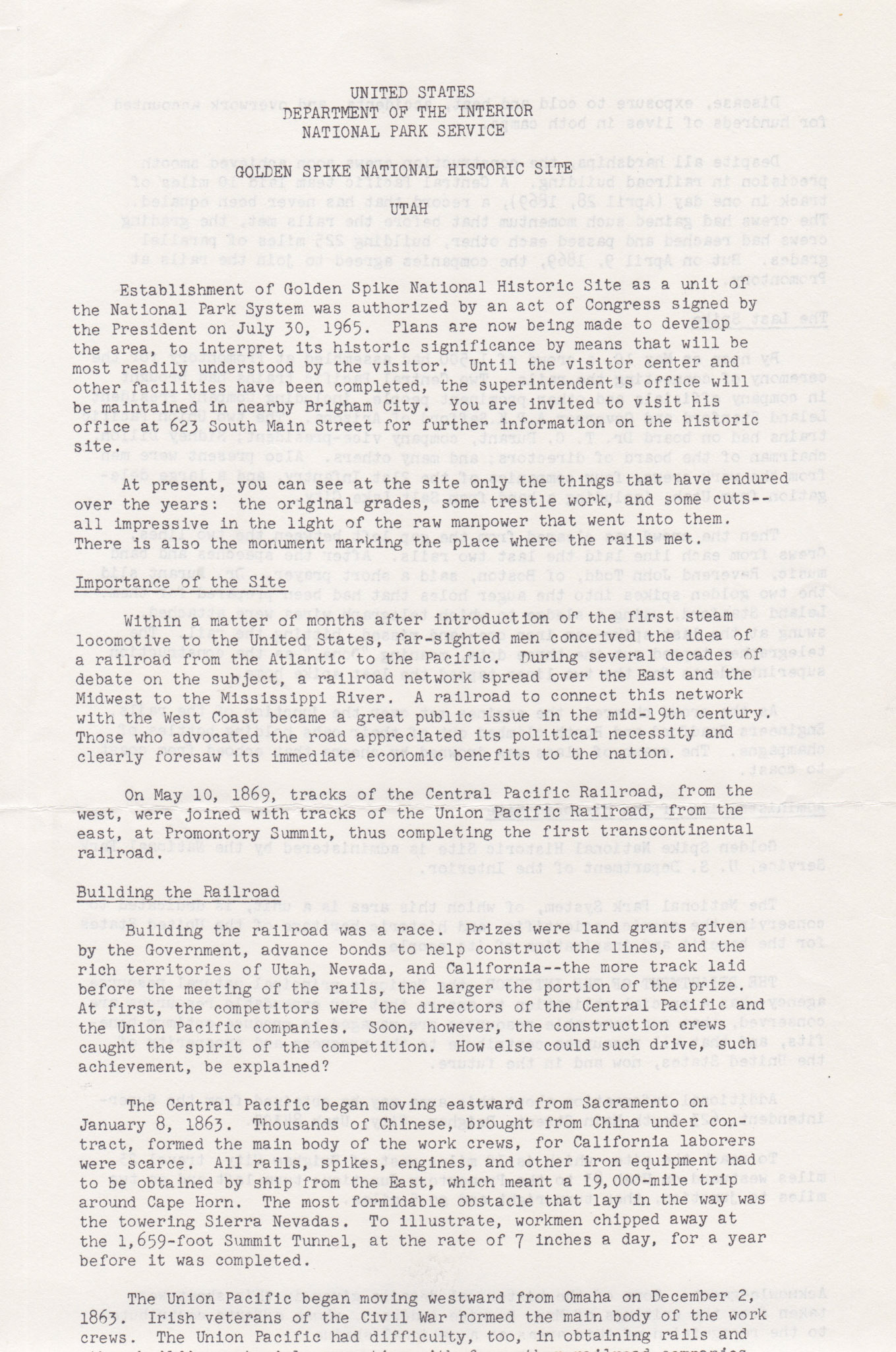 US Dept. of the Interior, NPS, top of page 1 b, Golden Spike report, post July 30, 1965. Bernice Gibbs Anderson Collection, NPS