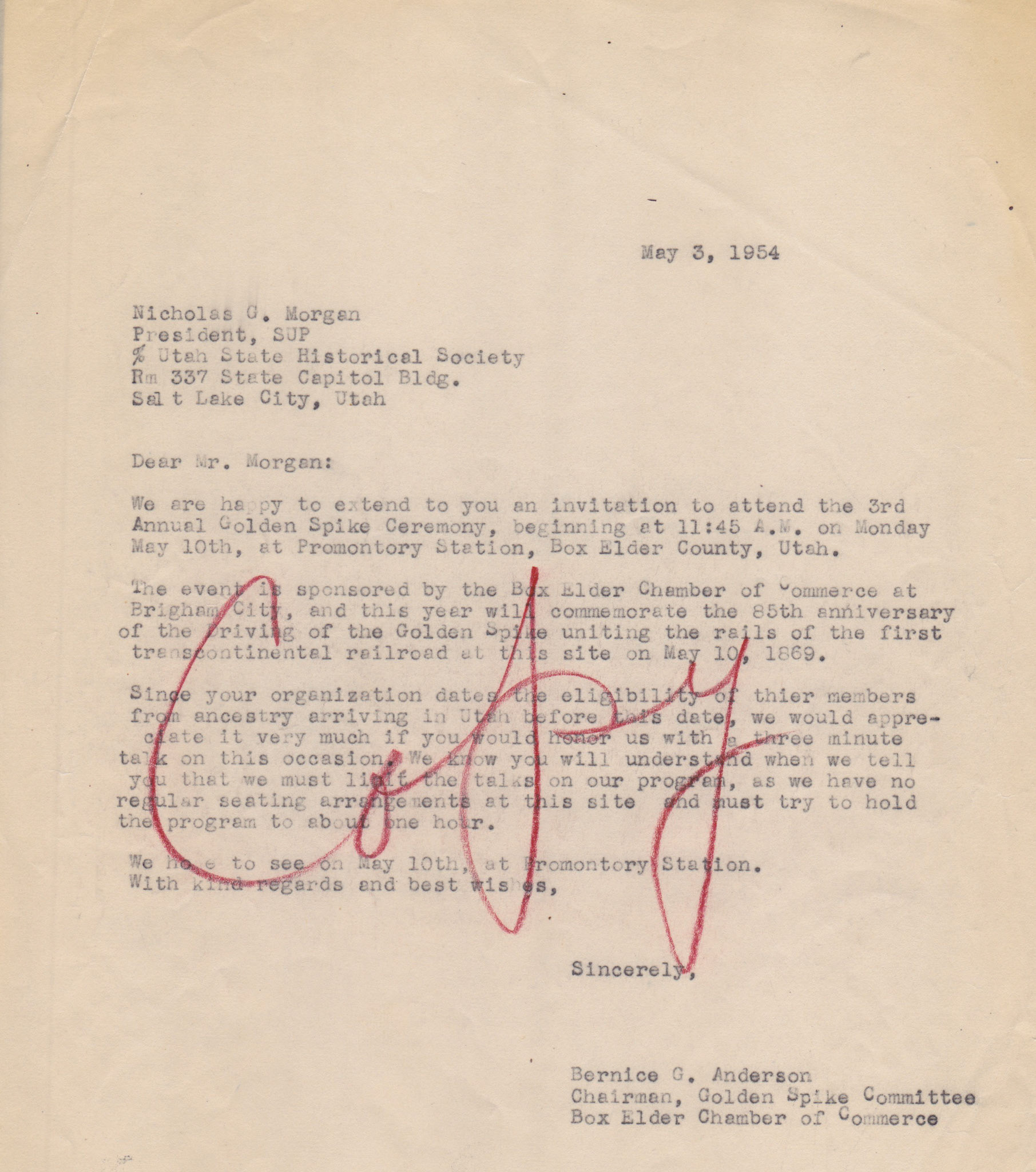 Copy of invitation to speak to Sons of Utah Pioneers Pres. Nicholas G. Morgan, May 3, 1954. Bernice Gibbs Anderson Collection, NPS