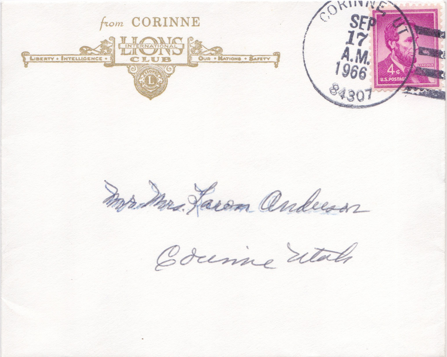 Envelope from Corinne Lions Club, Sep.. 17, 1966. Bernice Gibbs Anderson Collection, NPS
