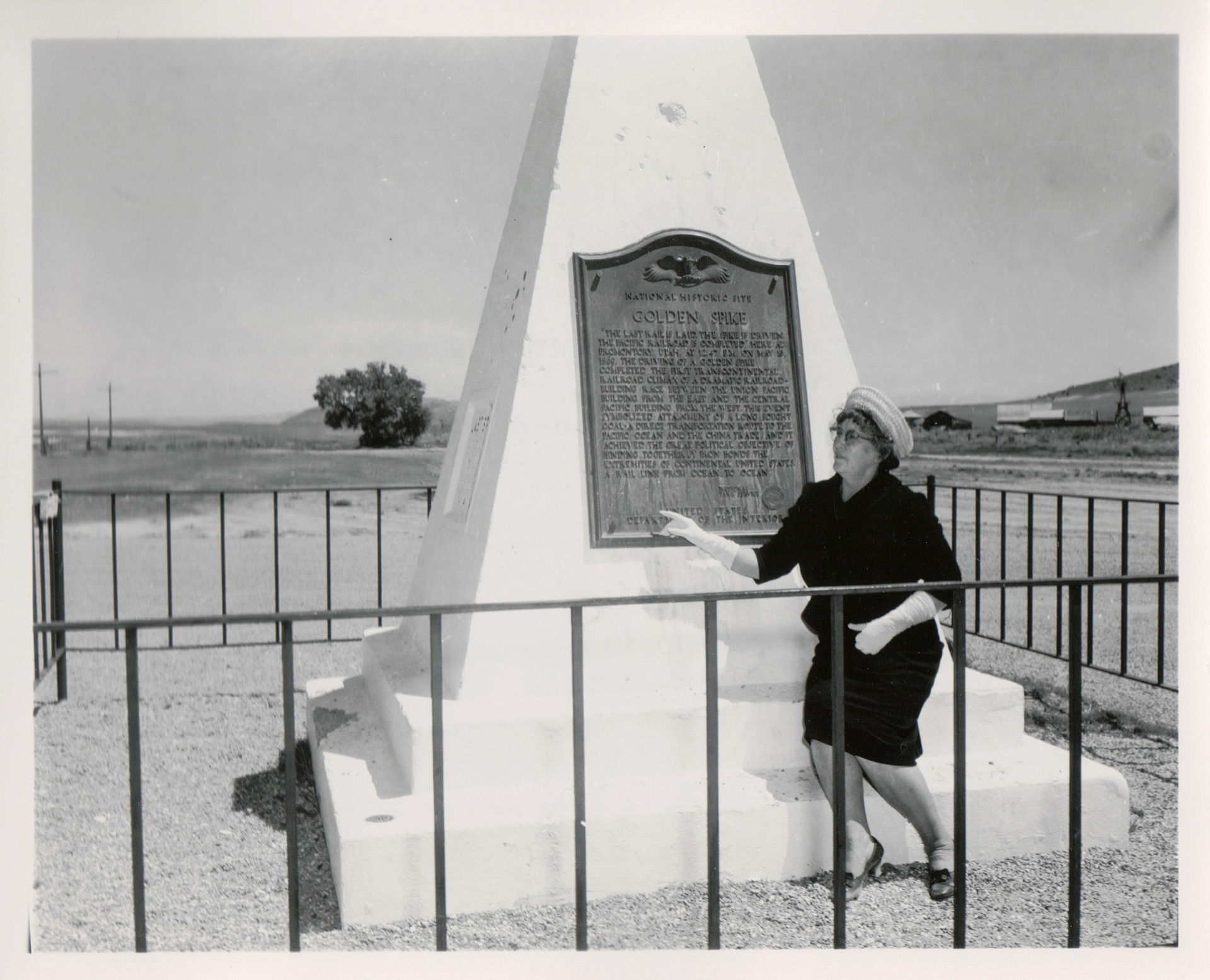 Bernice Gibbs Anderson, 1954, at Golden Spike Obelisk Monument, Promontory Summit, Utah. Bernice Gibbs Anderson Collection, NPS