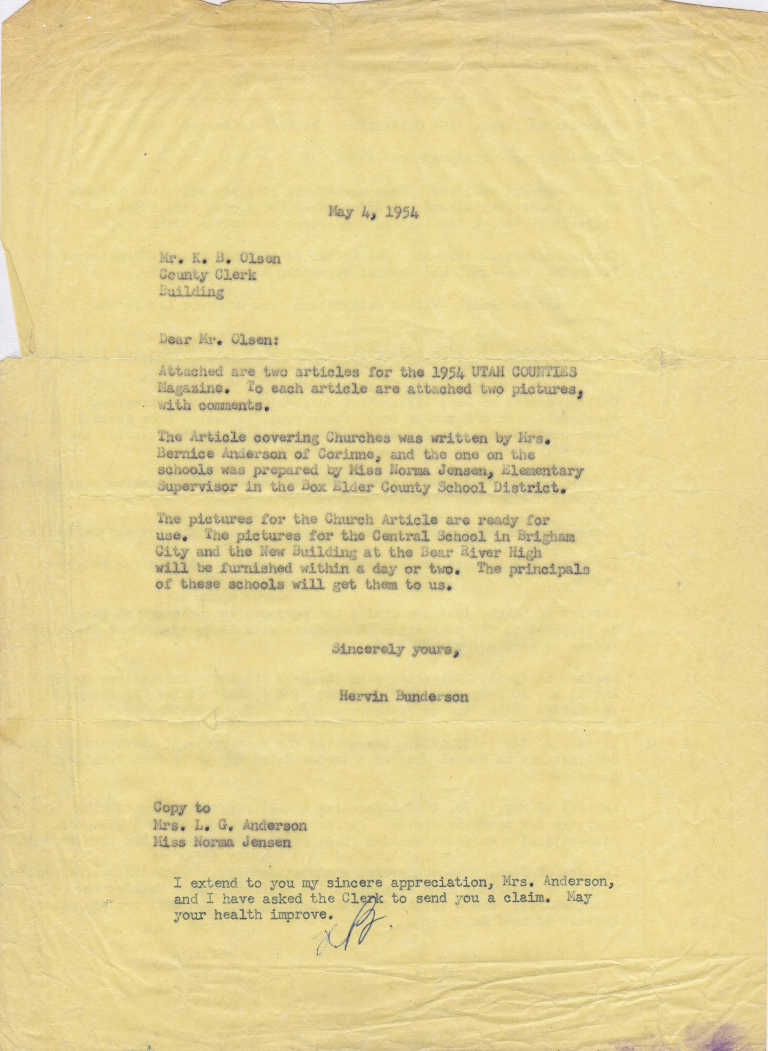 Copy of letter to Box Elder County Clerk K.B. Olsen from Mervin Dunderson for 1954 Utah Counties Magazine, May 4, 1954. Bernice Gibbs Anderson Collection, NPS