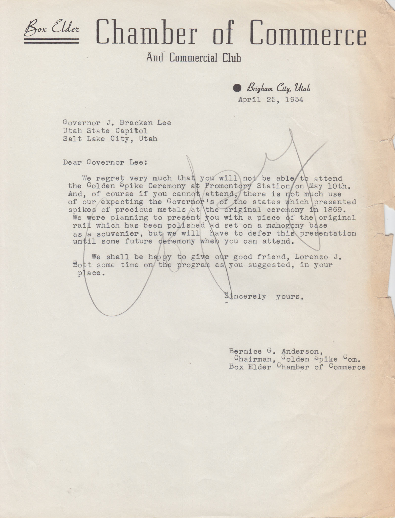 Copy of letter to Governor J. Bracken Lee re: Lorenzo J. Bott speaking, Apr. 25, 1954. Bernice Gibbs Anderson Collection, NPS