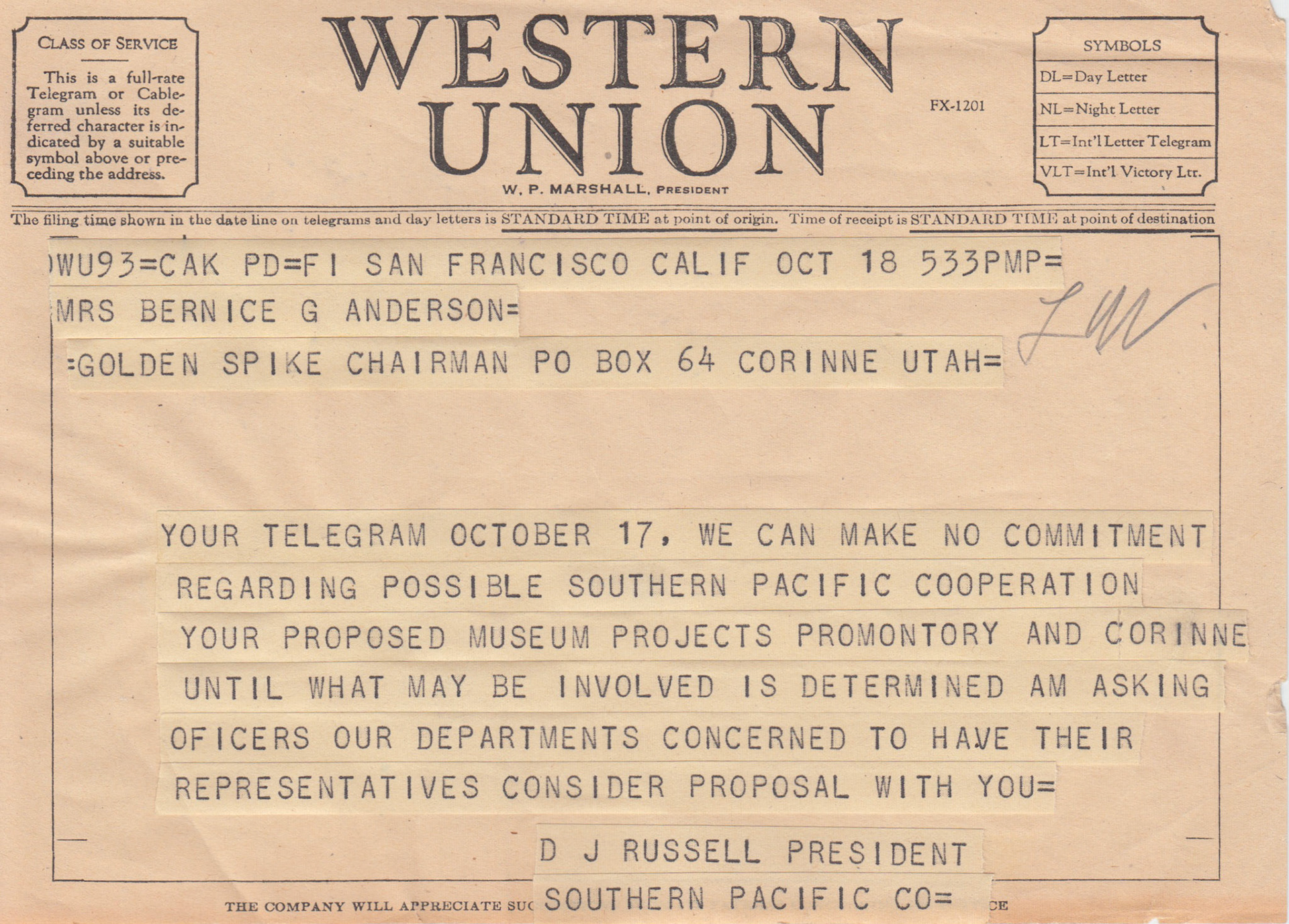 Telegram from D.J. Russell, Southern Pacific President, Oct. 18, 1954. Bernice Gibbs Anderson, NPS