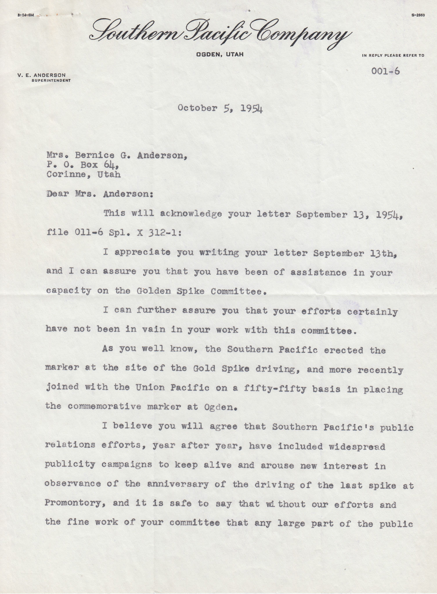 Letter from V.E. Anderson, Supt. Southern Pacific, Ogden, page 1, Oct. 5, 1954. Bernice Gibbs Anderson, NPS