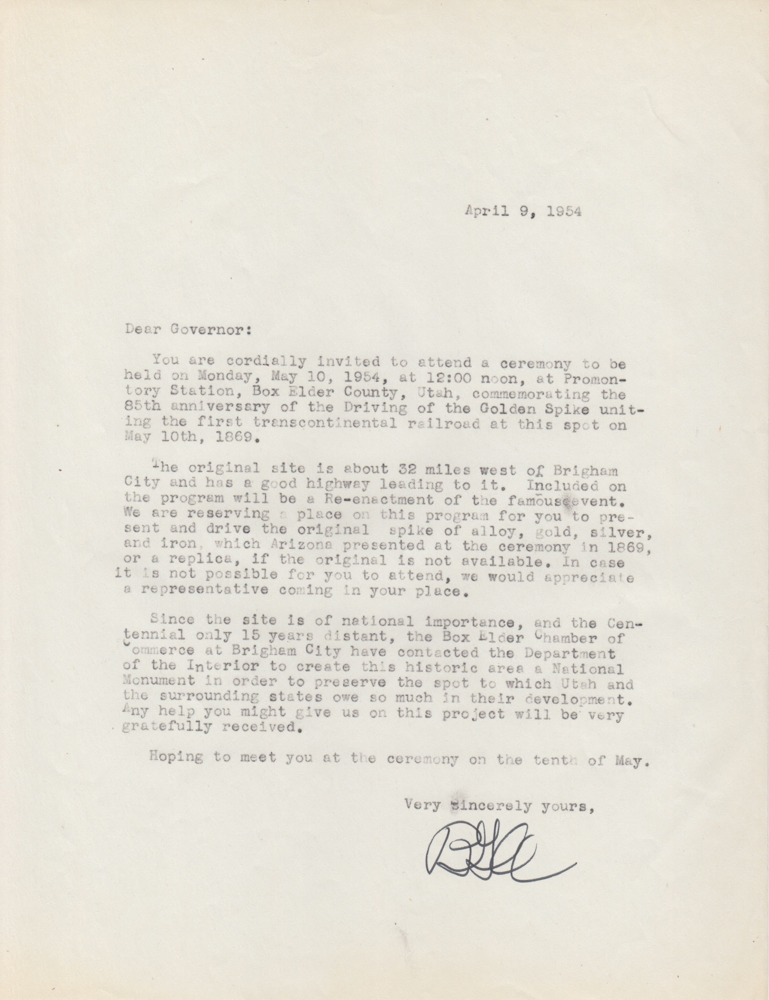 Copy of Invitation to Arizona Governor J. Howard Pyle, Apr. 9, 1954. Bernice Gibbs Anderson Collection, NPS