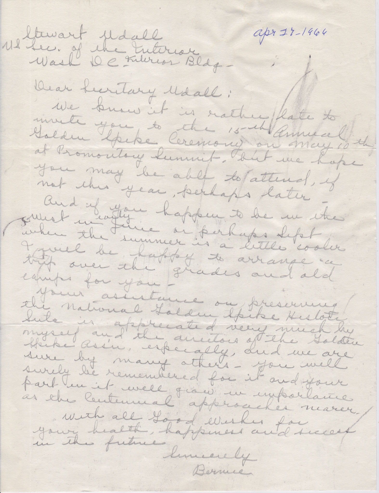 Draft of letter to Stewart Udall, April 27, 1966. Bernice Gibbs Anderson Collection, NPS