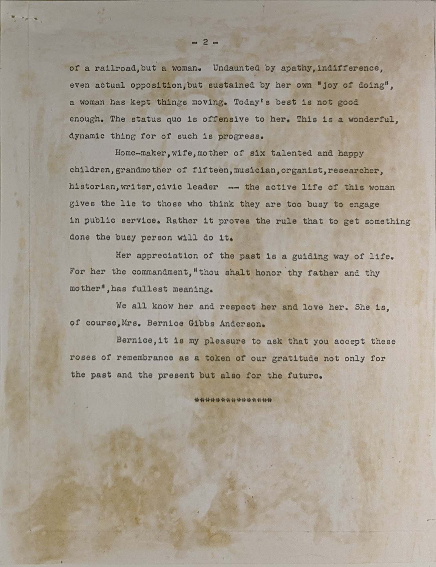 Tribute from Joel L. Priest, Jr., page 2, Union Pacific, Salt Lake City, May 10, 1957. Bernice Gibbs Anderson Collection, NPS