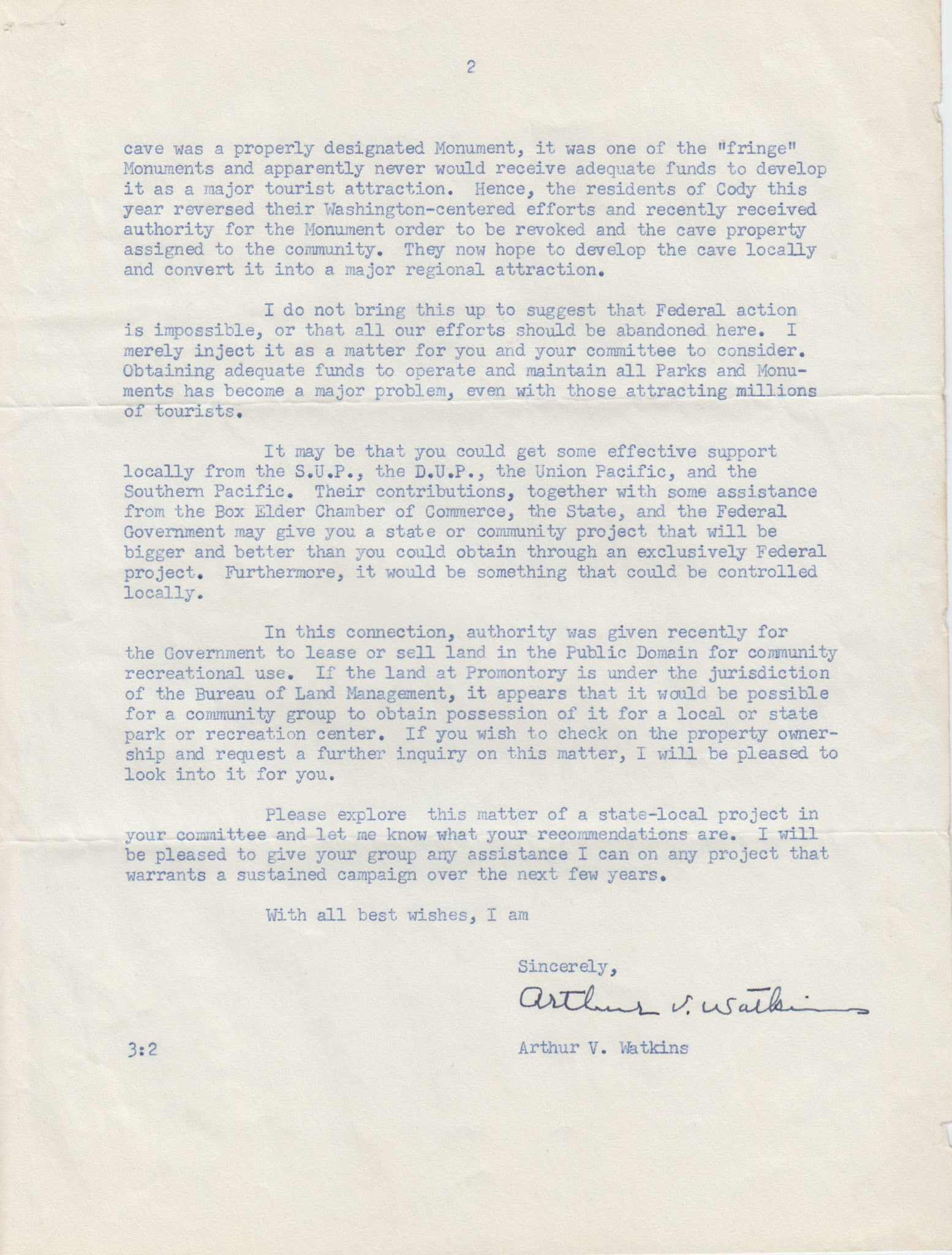 Letter from Senator Arthur V. Watkins, June 15, 1954, pzge 2. Bernice Gibbs Anderson Collection, NPS