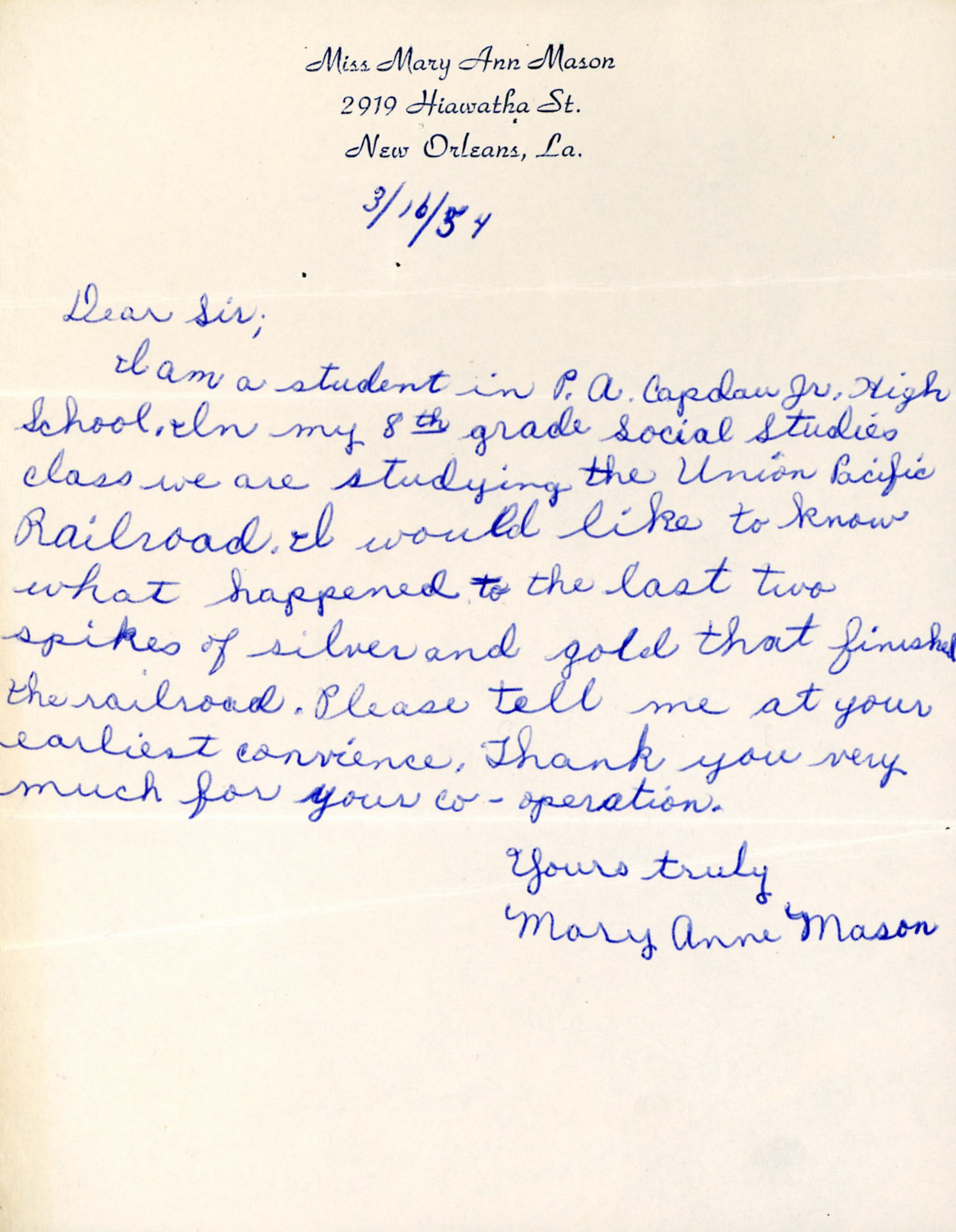 Letter from student Mary Ann Mason of New Orleans, Mar. 16, 1954. Bernice Gibbs Anderson Collection, NPS