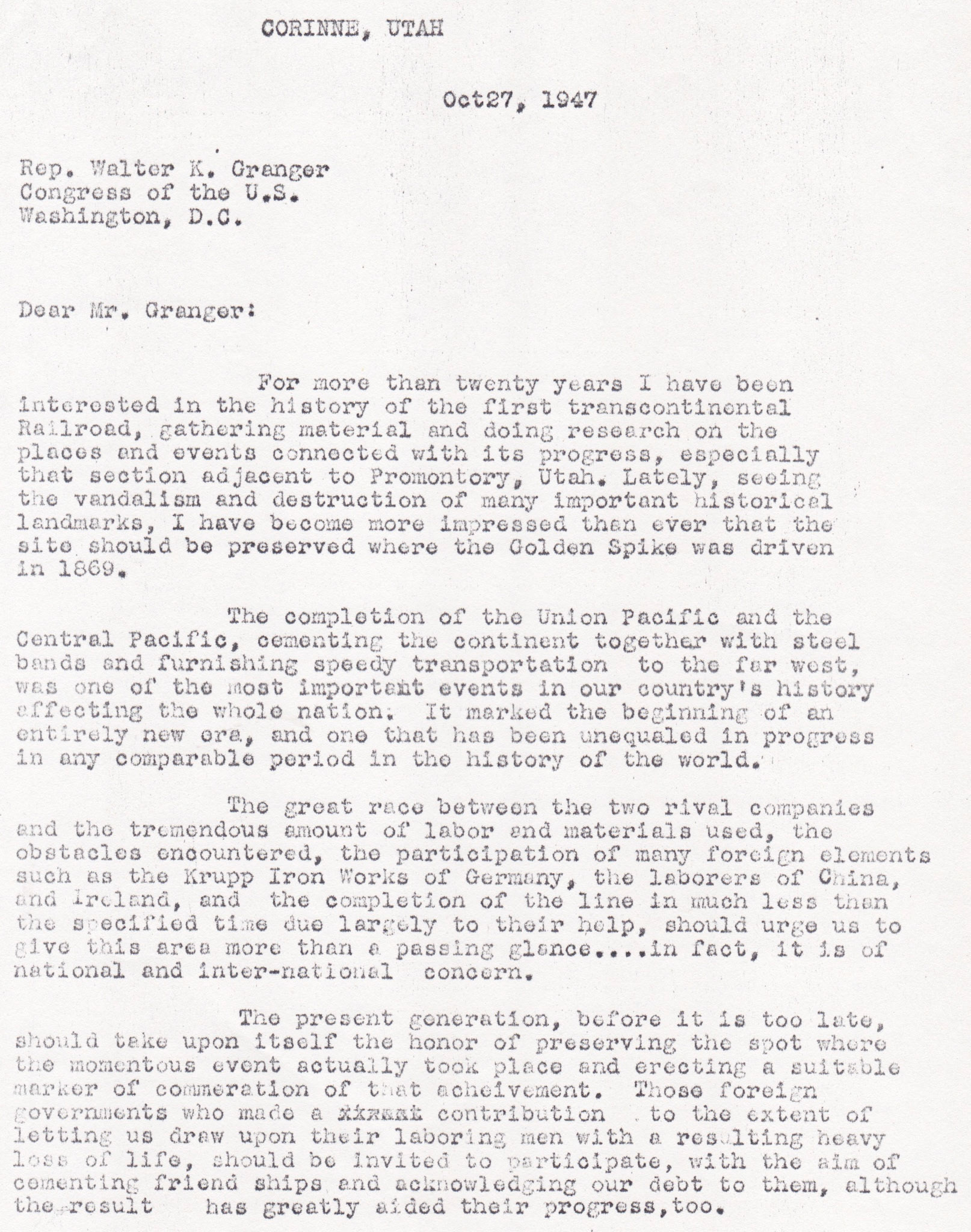 Letter to Rep. Walter K. Granger, Oct. 27, 1947, page 1. Bernice Gibbs Anderson Collection, NPS