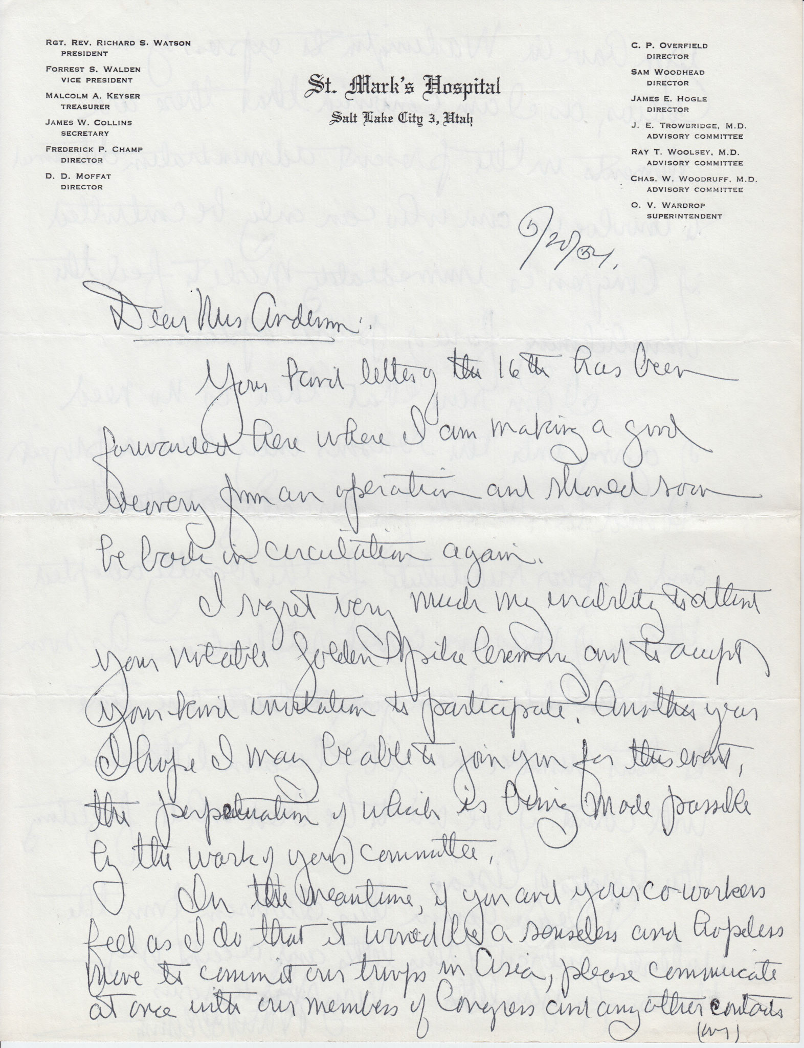 Letter from hospital patient, June 20, 1954, page 1, mention of senseless move to commit our troops to Asia. Bernice Gibbs Anderson, NPS