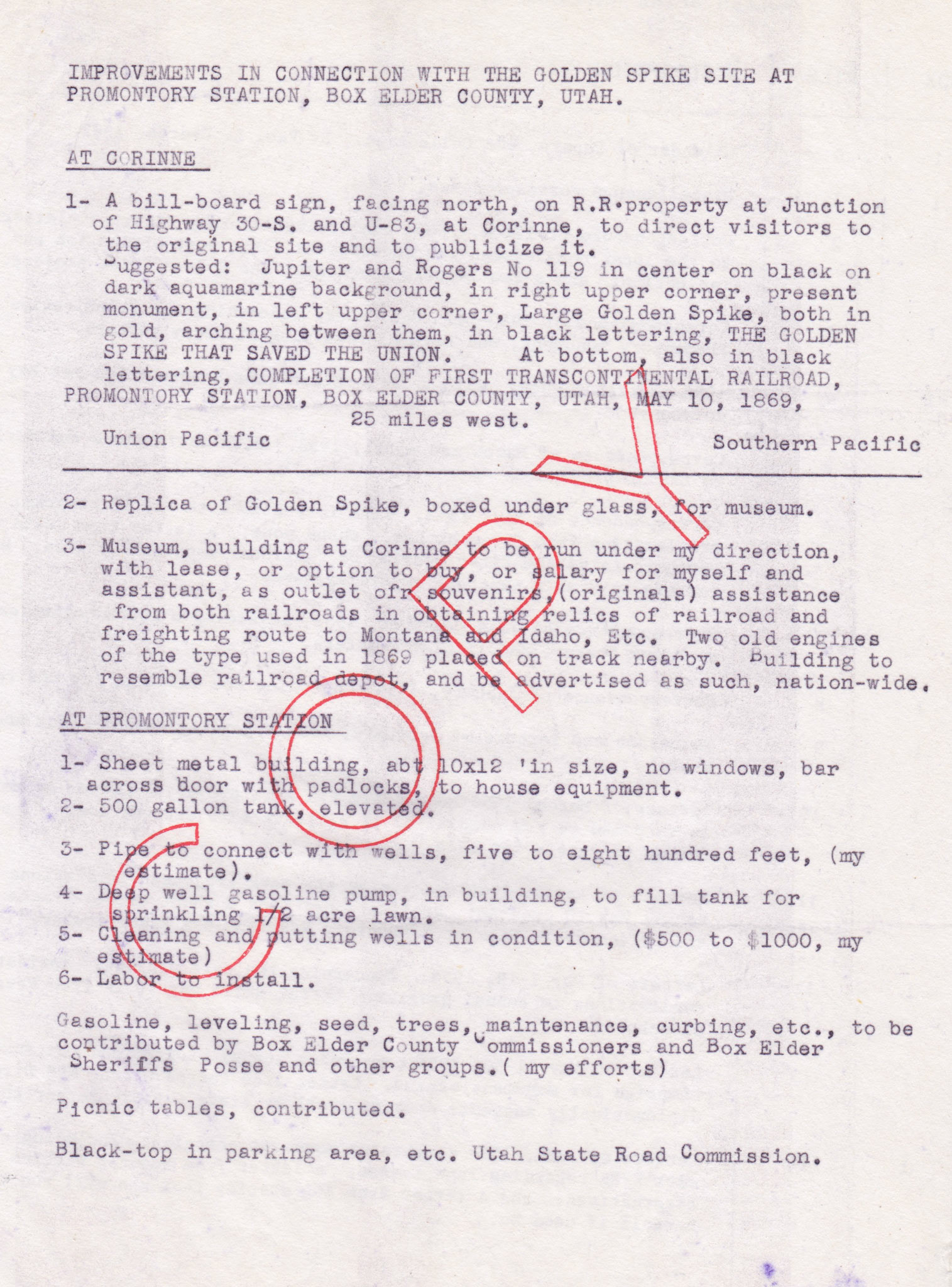 Copy of list of suggested improvements in letter to Union Pacific and Southern Pacific, July 12, 1954. Bernice Gibbs Anderson Collection, NPS