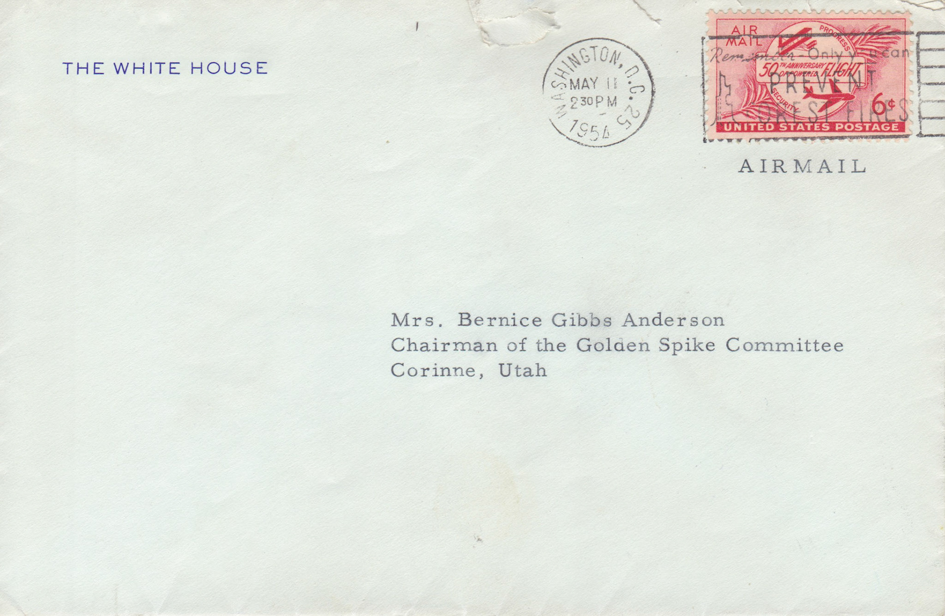 Envelope from The White House, May 11, 1954. Bernice Gibbs Anderson Collection, NPS