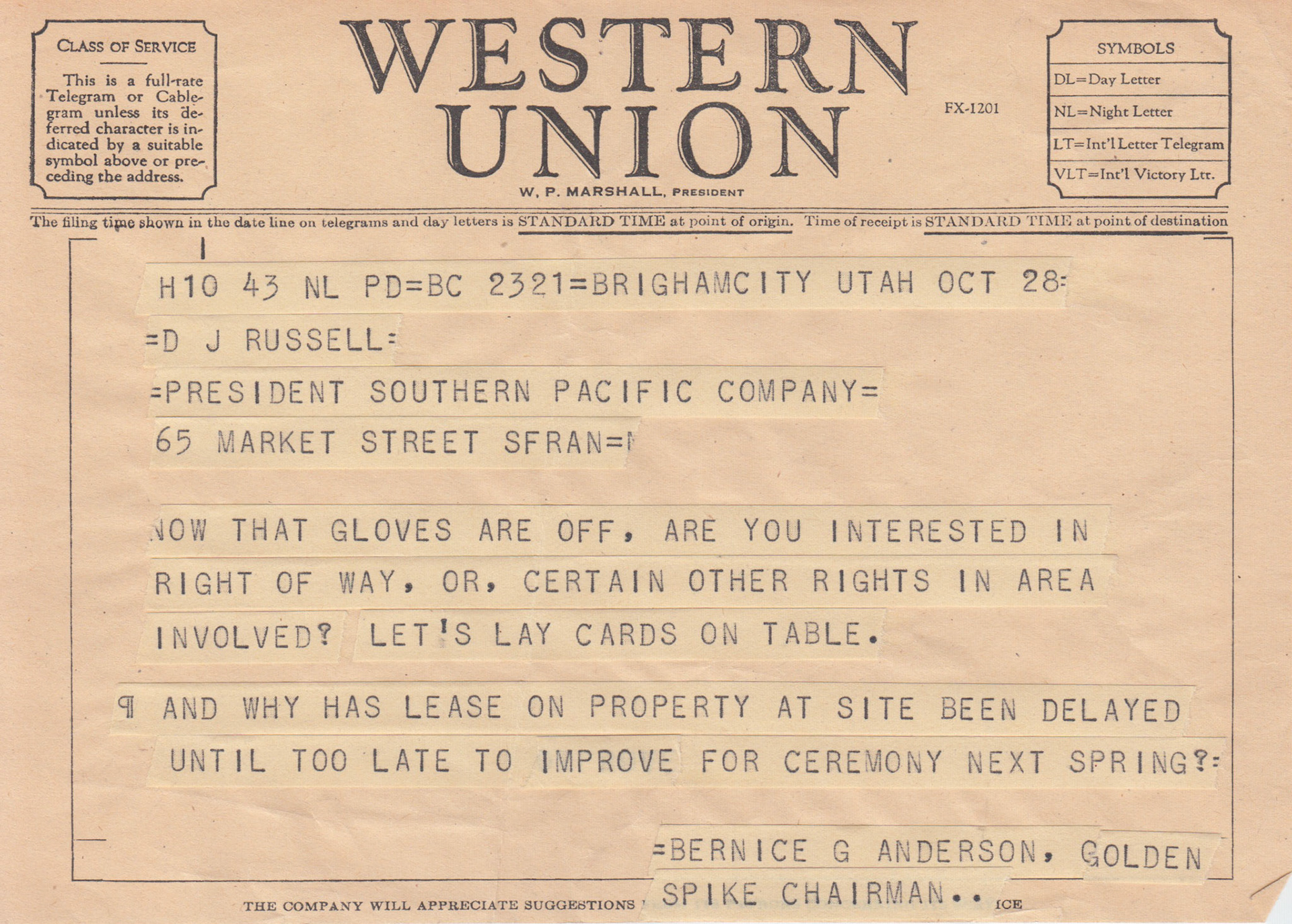 Telegram to D.J. Russell, Southern Pacific President, Oct. 28, 1954, "...gloves are off...". Bernice Gibbs Anderson Collection, NPS