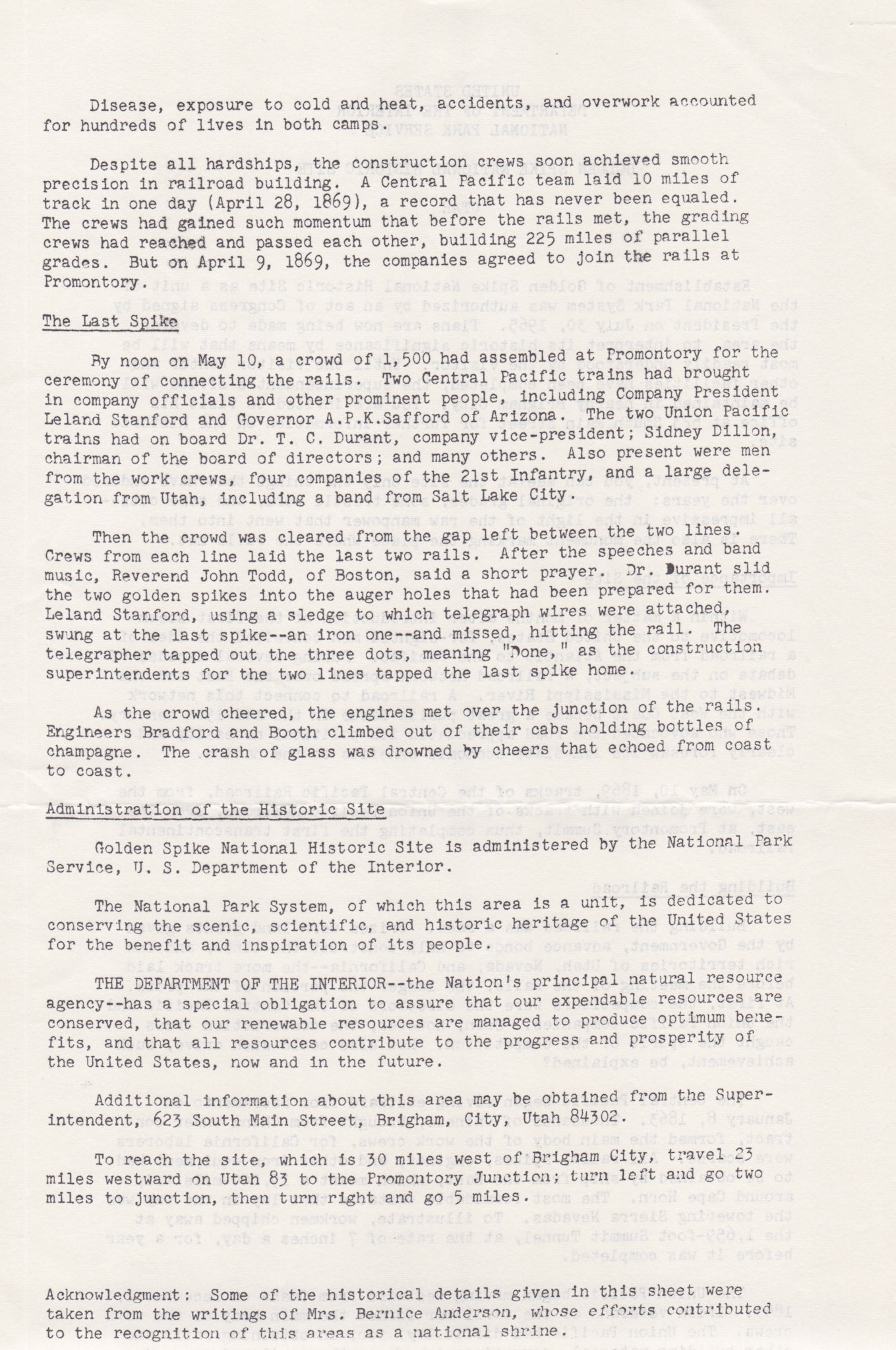 US Dept. of the Interior, NPS, bottom of page 2 b, Golden Spike report, post July 30, 1965. Bernice Gibbs Anderson Collection, NPS