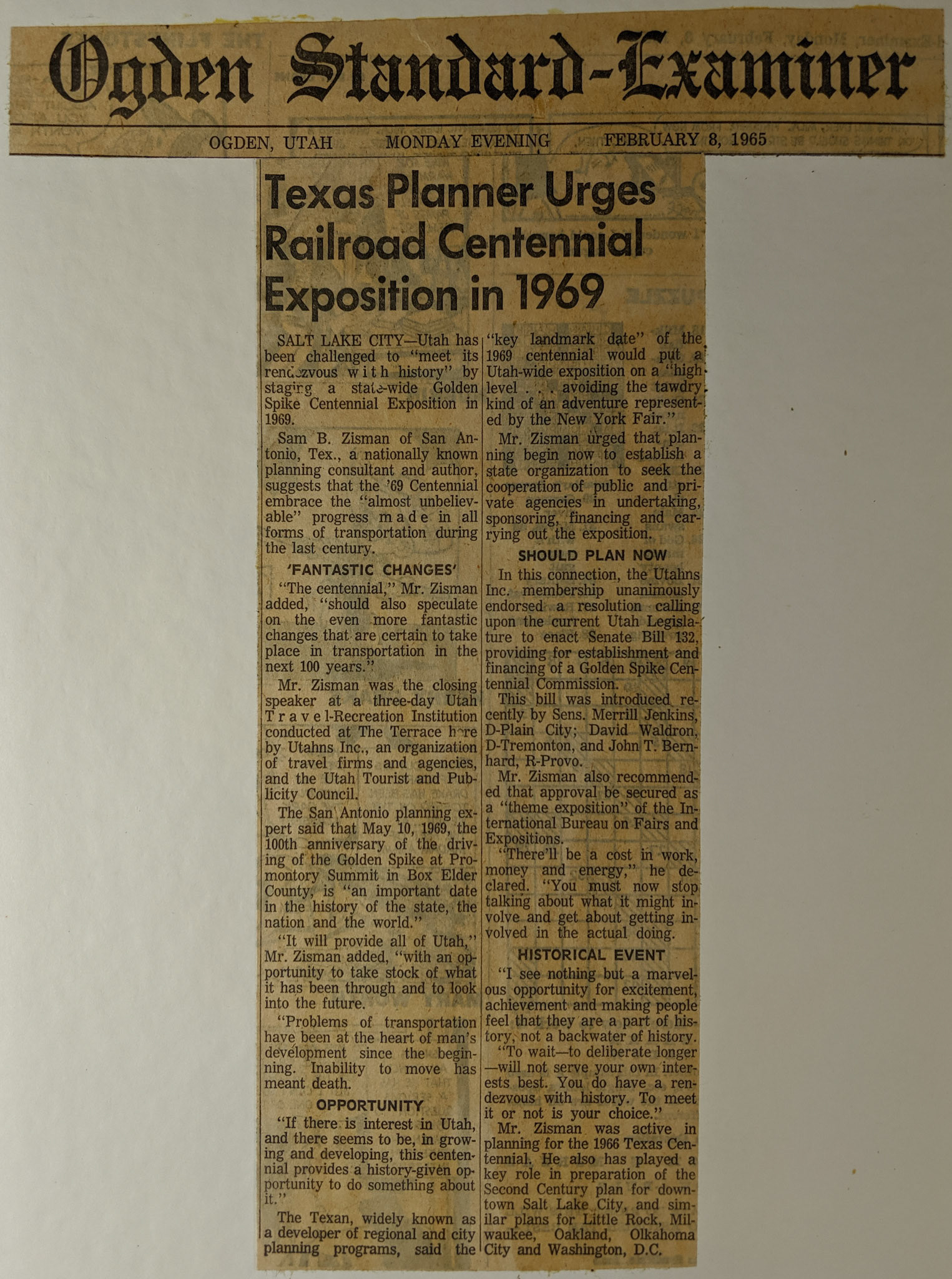 Texas Planner Urges Centennial Exposition, Feb. 8, 1965. Bernice Gibbs Anderson Collection, NPS