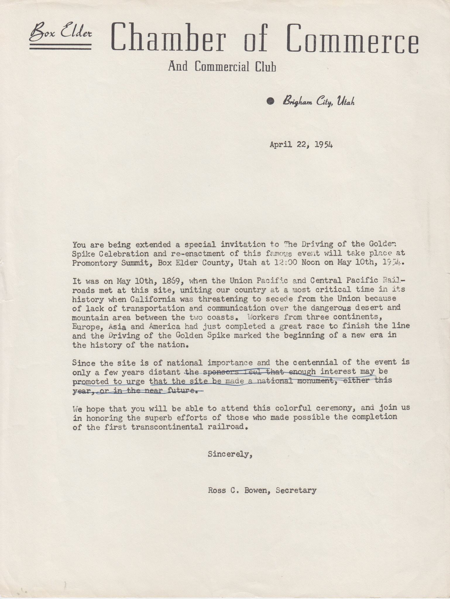 Invitation from Box Elder Chamber of Commerce secretary, Apr. 22, 1954. Bernice Gibbs Anderson Collection, NPS