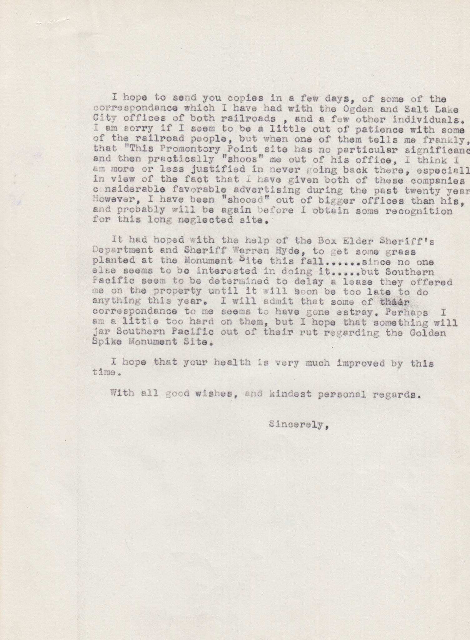 Copy of letter to A.E. Stoddard, Pres. Union Pacific,  page 2, Sep. 27, 1954. Bernice Gibbs Anderson Collection, NPS