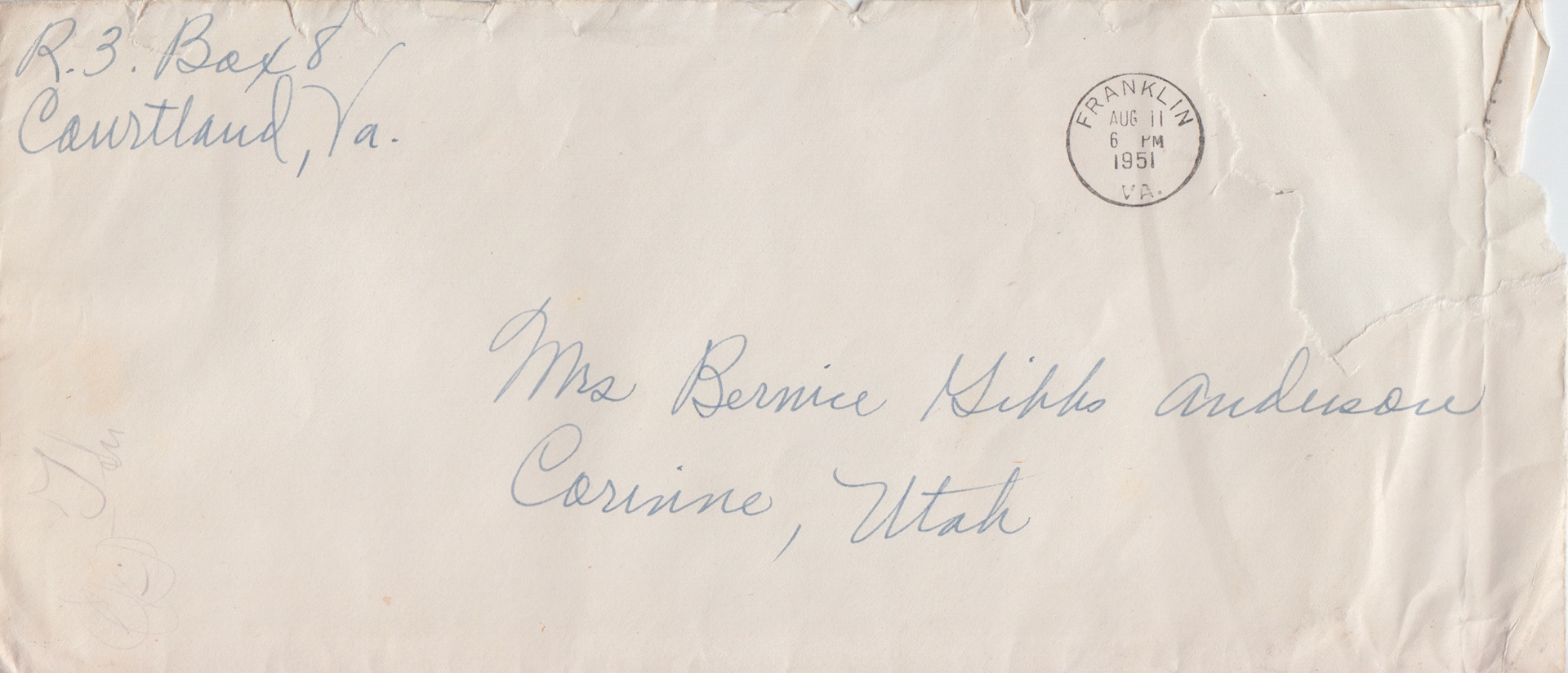 Envelope from Courtland, Virginia, August 11, 1951. Bernice Gibbs Anderson Collection, NPS