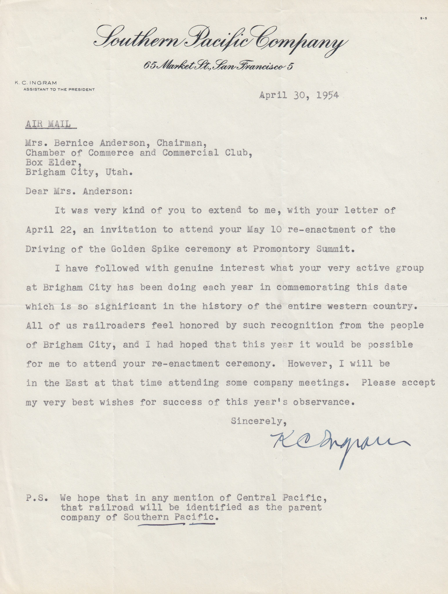 Air mail regrets and support from K.C. Ingram, Southern Pacific Asst. to the President, Apr. 30, 1954. Bernice Gibbs Anderson Collection, NPS