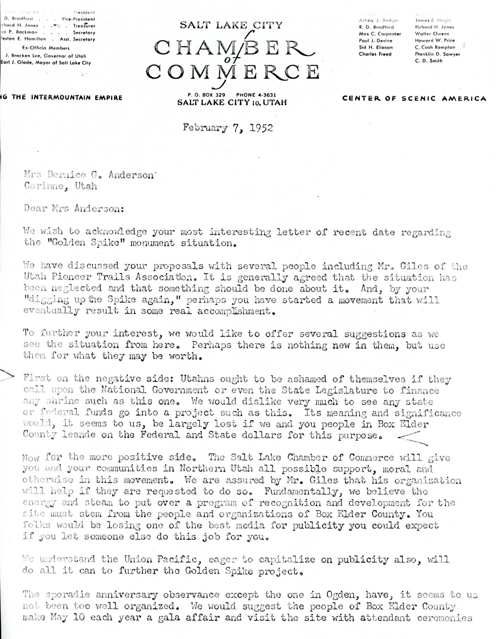 SLC Chamber of Commerce suggestions for Golden Spike site, 1952. Bernice Gibbs Anderson Collection, NPS