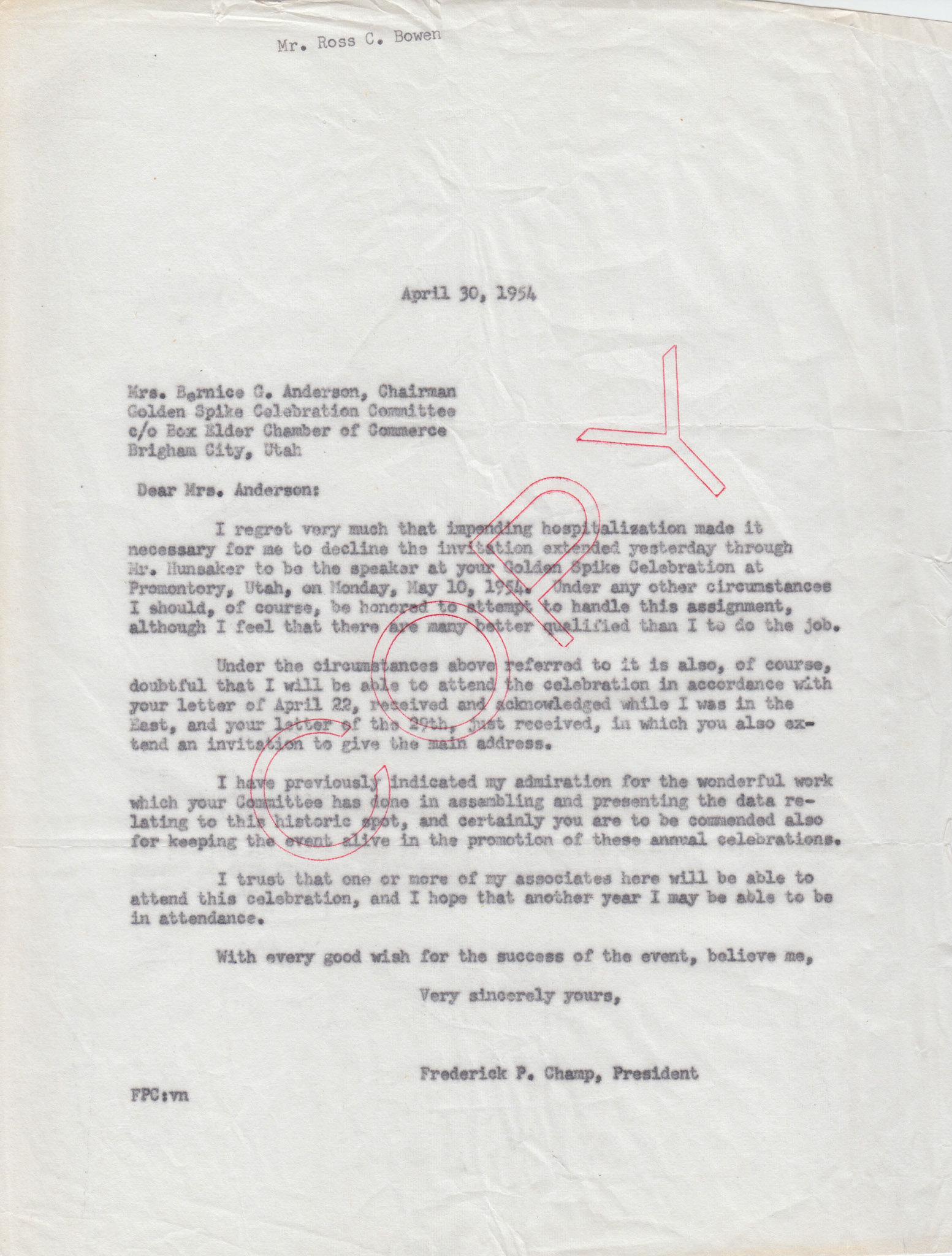 Copy of regrets letter from Frederick P. Champ, Apr. 30. 1954. Bernice Gibbs Anderson Collection, NPS