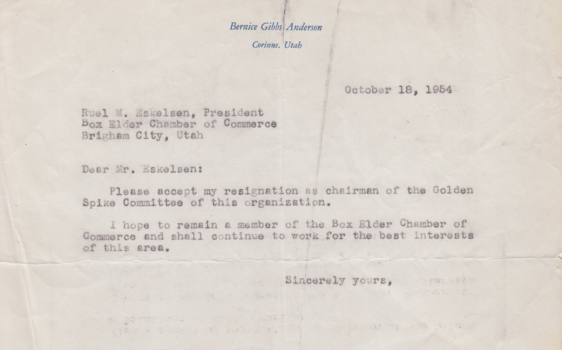 Resignation letter as Golden Spike Committee Chair by Bernice Gibbs Anderson, Oct. 18, 1954. Bernice Gibbs Anderson, NPS