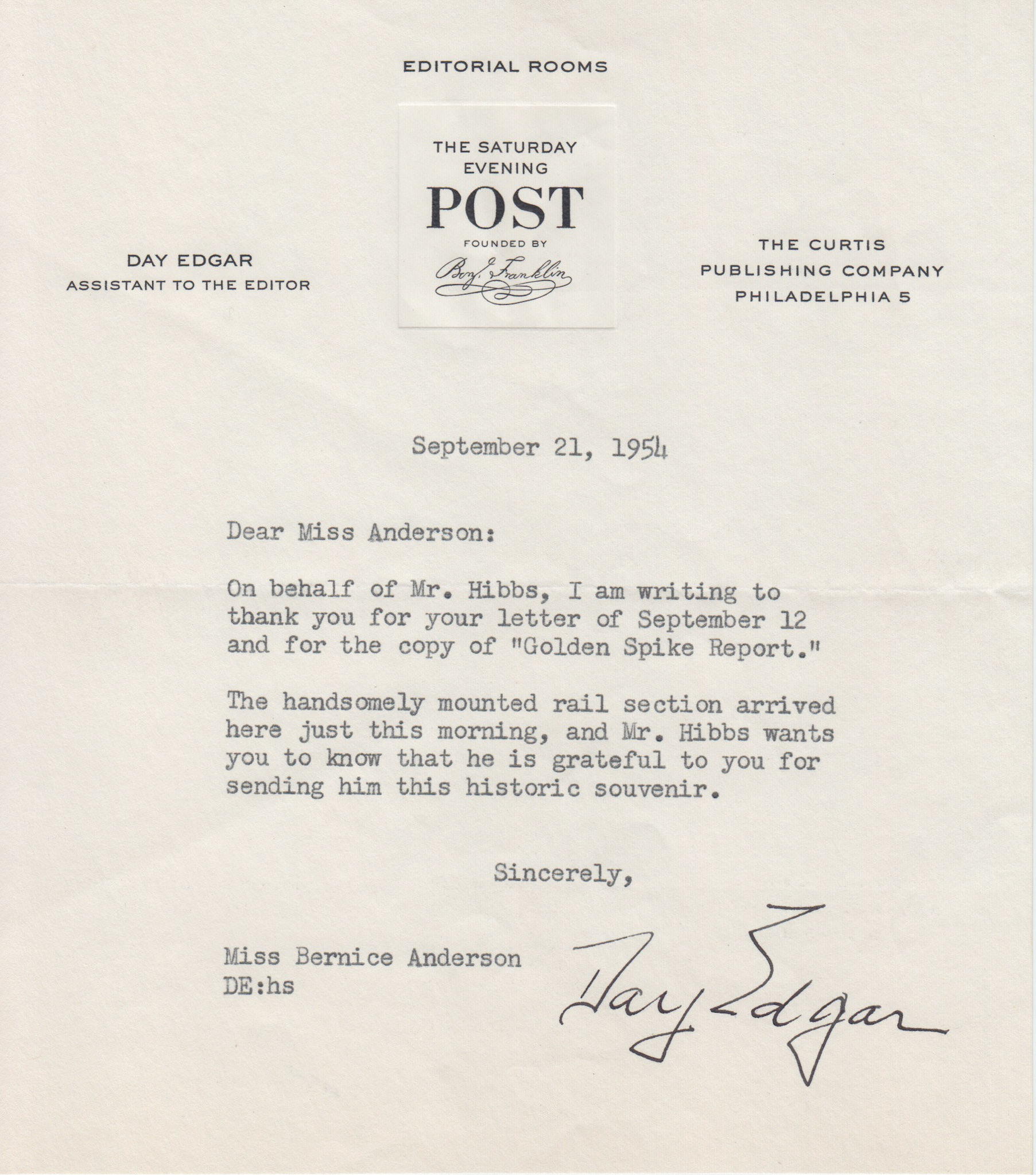 Thank you letter from Day Edgar, Asst. to the Editor, Saturday Evening Post, Sep. 21, 1954. Bernice Gibbs Anderson Collection, NPS