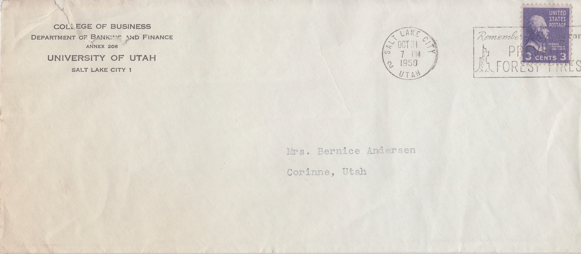 Envelope from UofU College of Business, 1950, from letter from Hawkins about the history of banking in Corinne, Utah. Bernice Gibbs Anderson Collection