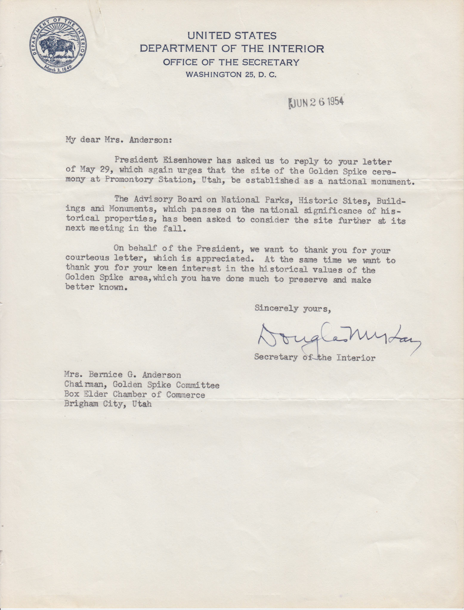 Letter from Douglas McKay, Secretary of the Interior, on behalf of President Eisenhower, Jun. 26, 1954. Bernice Gibbs Anderson, NPS