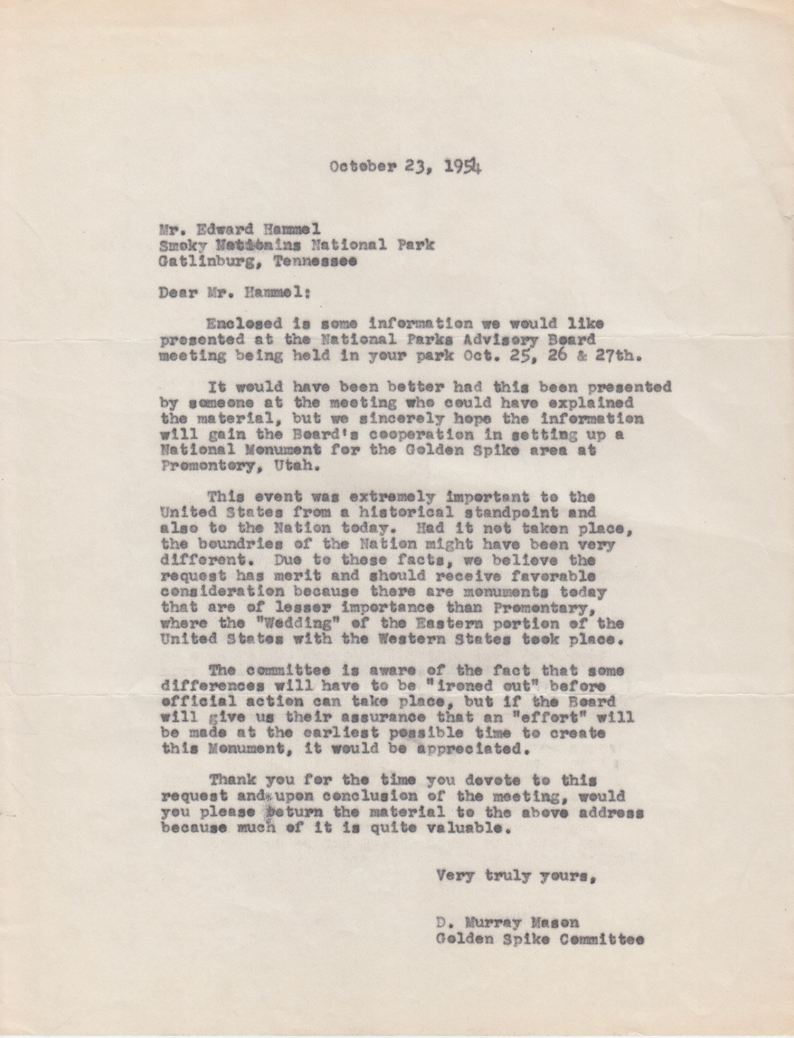 Copy of letter to Edward Hammel, Smoky Mountains National Park, Tennessee, from D. Murray Mason, Golden Spike Committee, Oct. 23, 1954. Bernice Gibbs Anderson, NPS