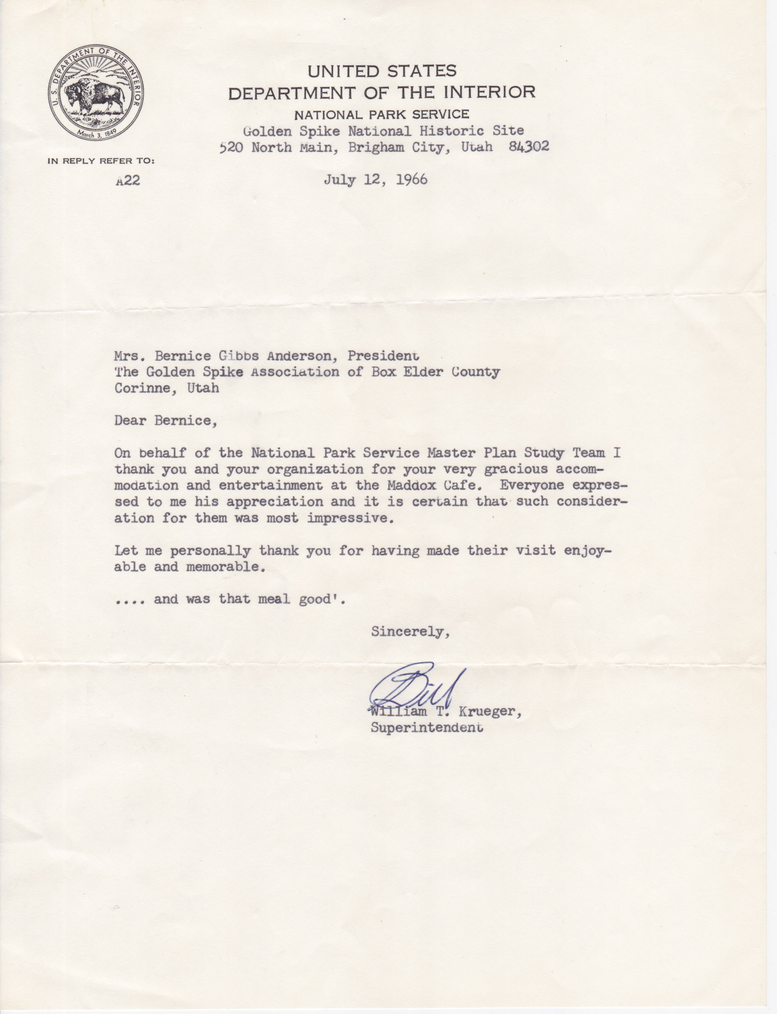 Letter from Supt. William T. Krueger, NPS, July 12, 1966. Bernice Gibbs Anderson Collection, NPS
