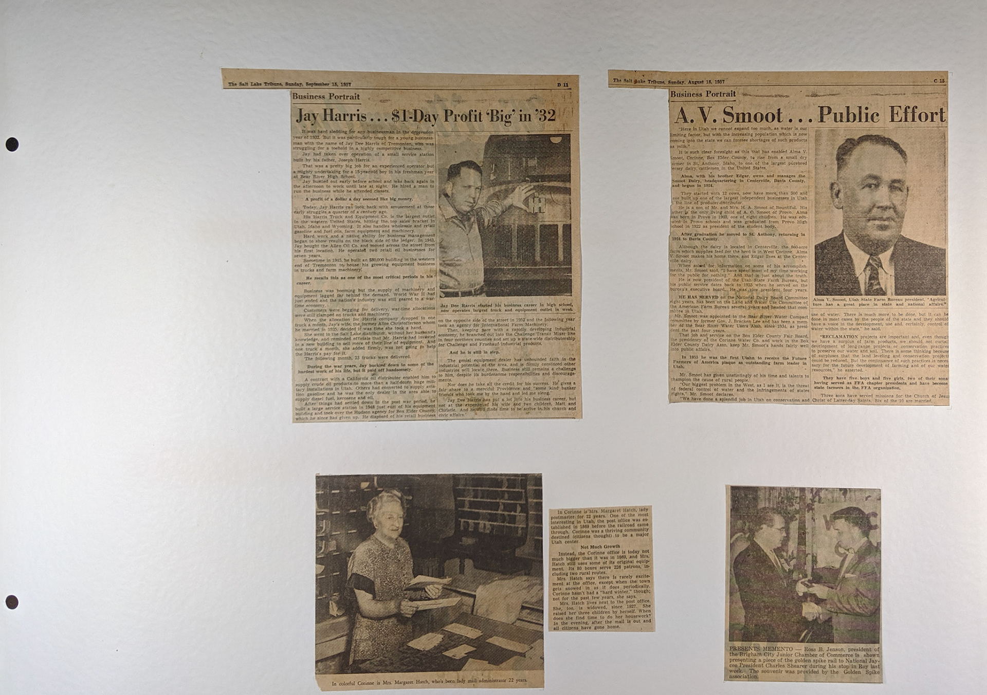 Scrapbook page, 1957 newspaper clippings. Bernice Gibbs Anderson Collection, NPS