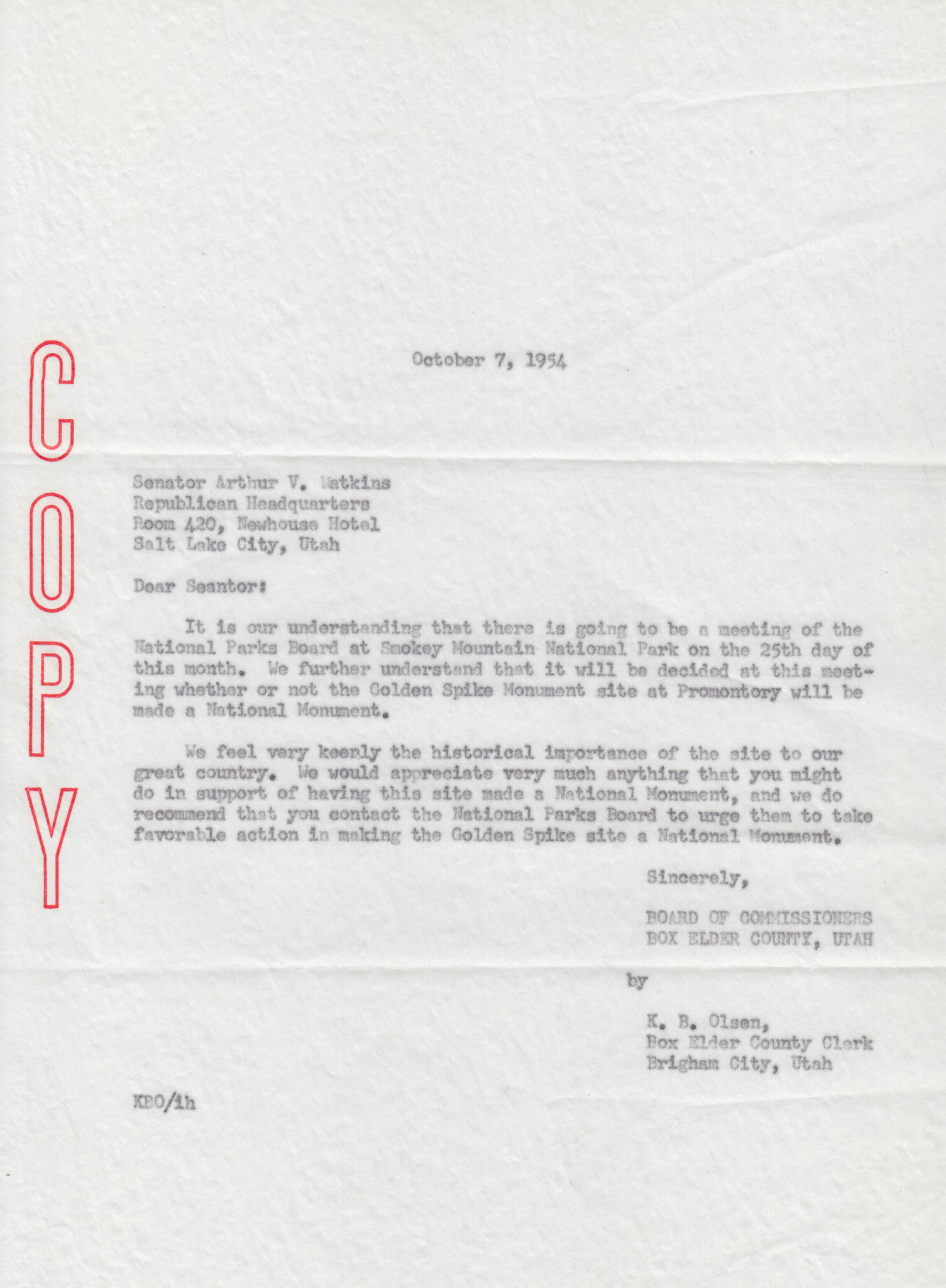 Copy of letter to Senator Arthur V. Watkins, Oct. 7, 1954. Bernice Gibbs Anderson Collection, NPS