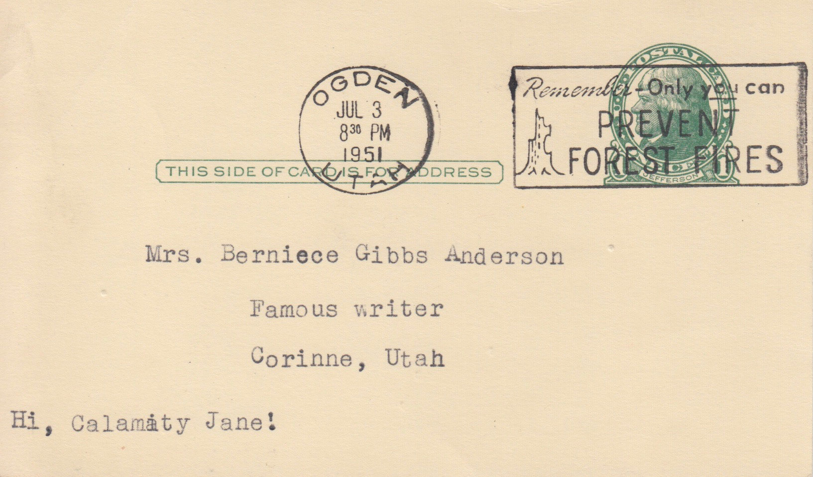"Famous Writer" Postcard, 1951