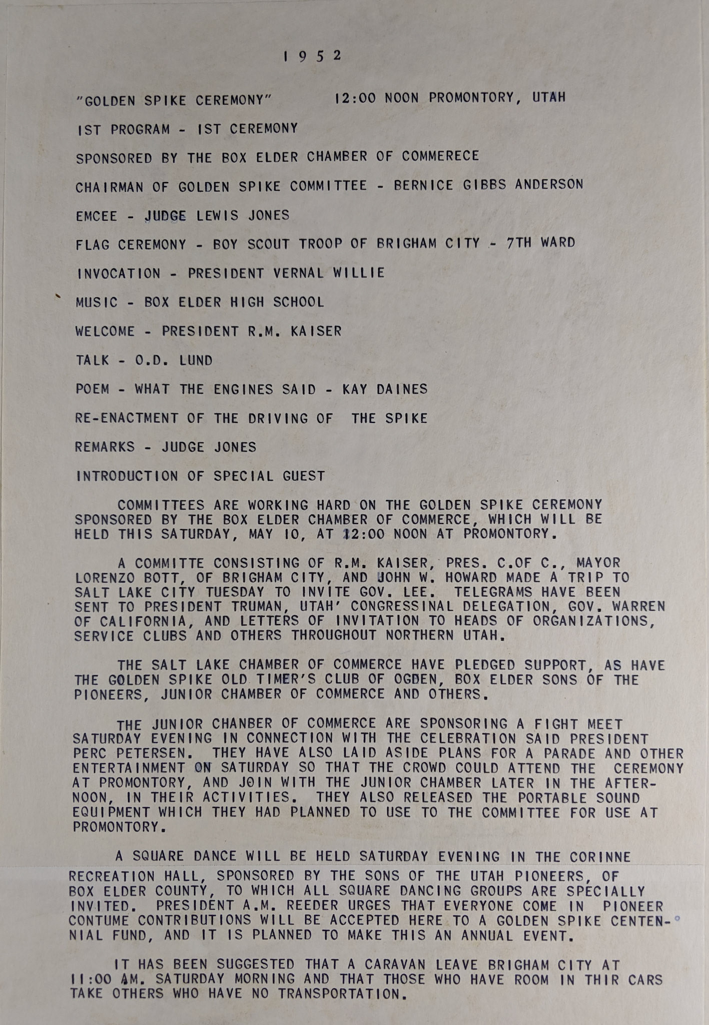 Progam notes for May 10, 1969 Golden Spike Commemoration, Bernice Gibbs Anderson Collection, NPS