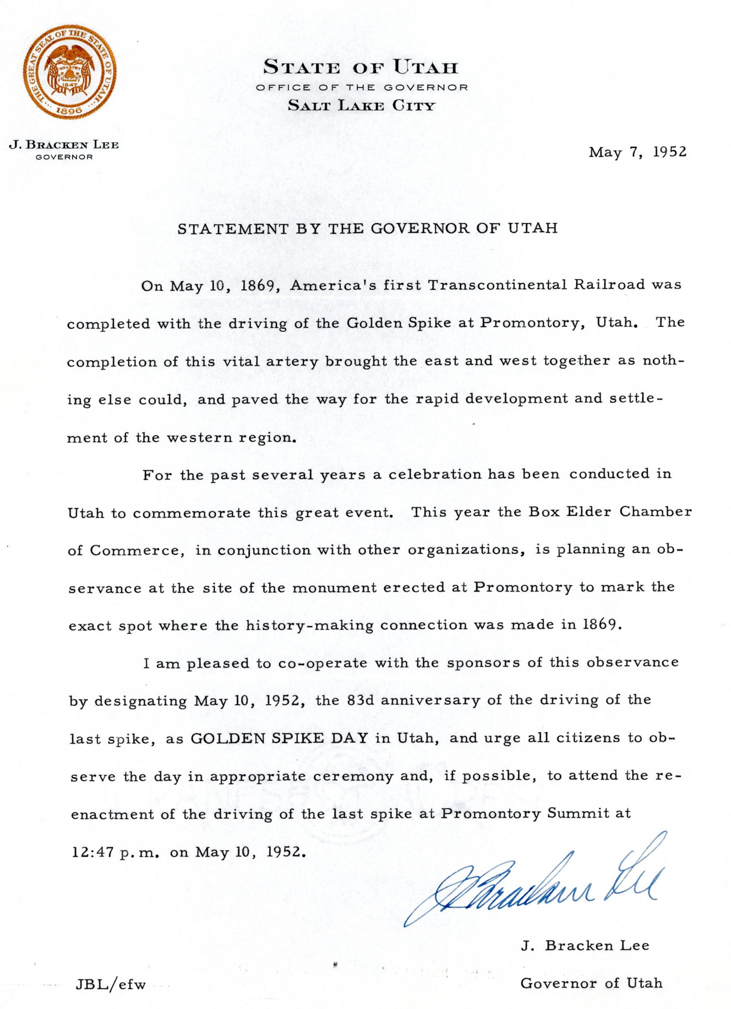 Governor's Golden Spike Day Statement, 1952. Bernice Gibbs Anderson Collection, 1952