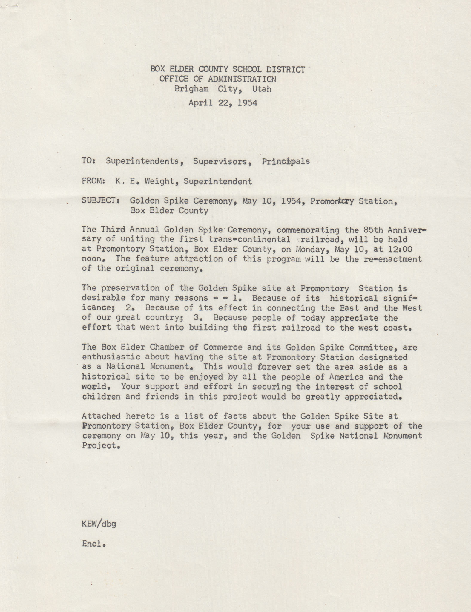 Letter 2 from Ken E. Weight typed by Delone Glover to Box Elder County School Administrators, 1954. Bernice Gibbs Anderson Collection, NPS