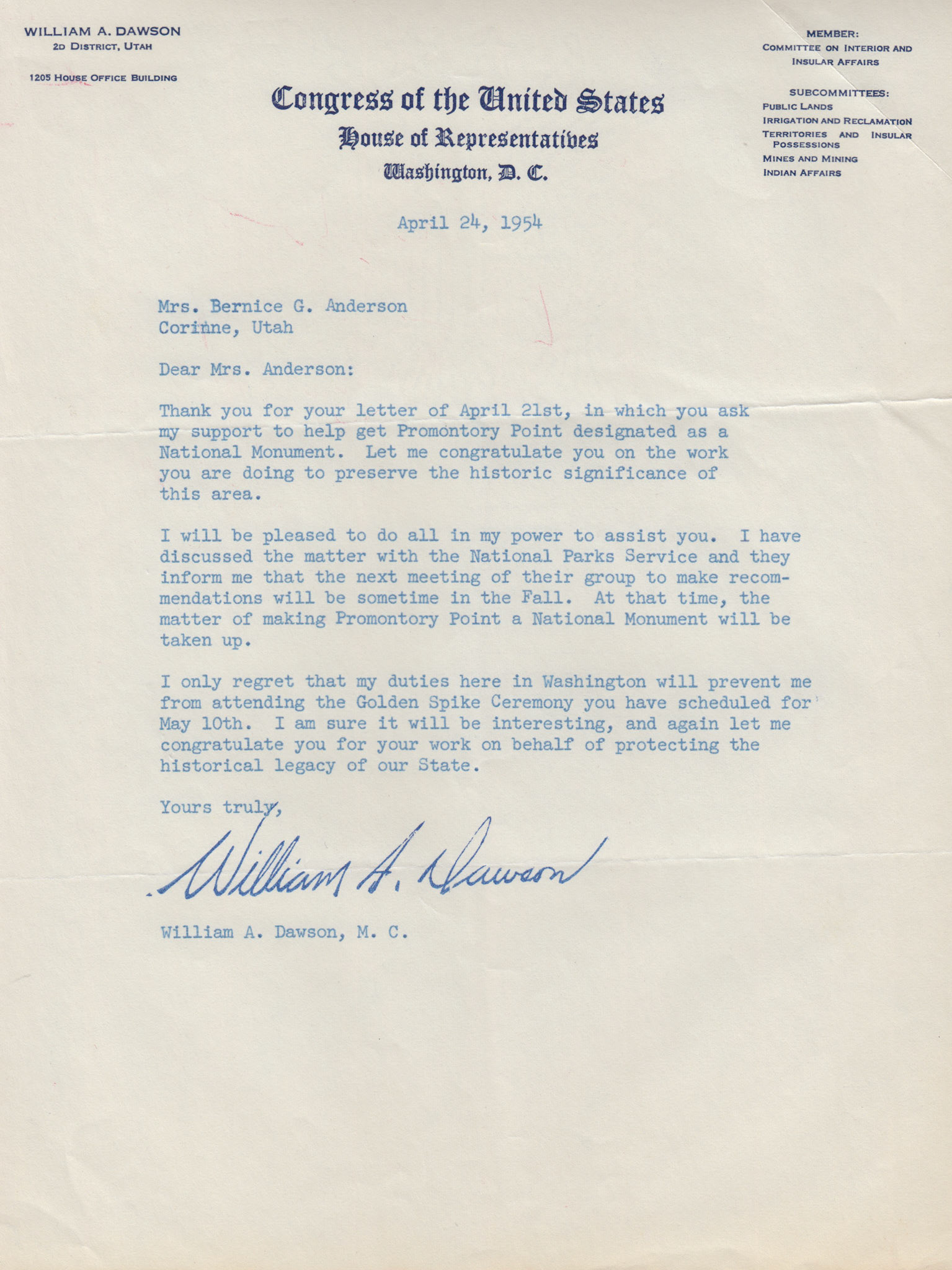 Letter of support from Rep. William A. Dawson, Apr. 24, 1954. Bernice Gibbs Anderson Collection, NPS