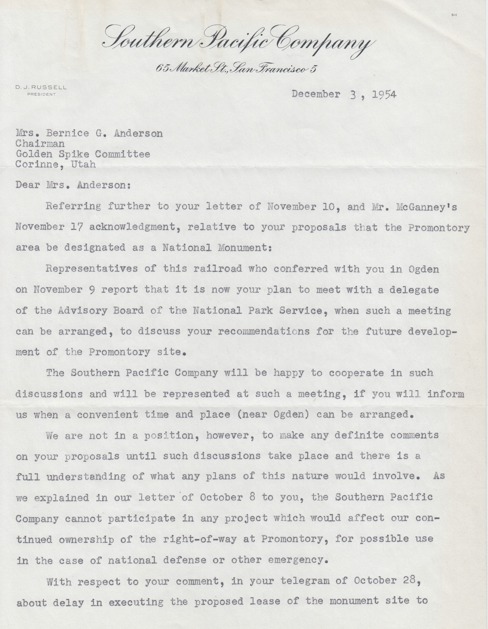 Letter from D.J. Russell, Pres. Southern Pacific, Dec. 3, 1954. Bernice Gibbs Anderson Collection, NPS