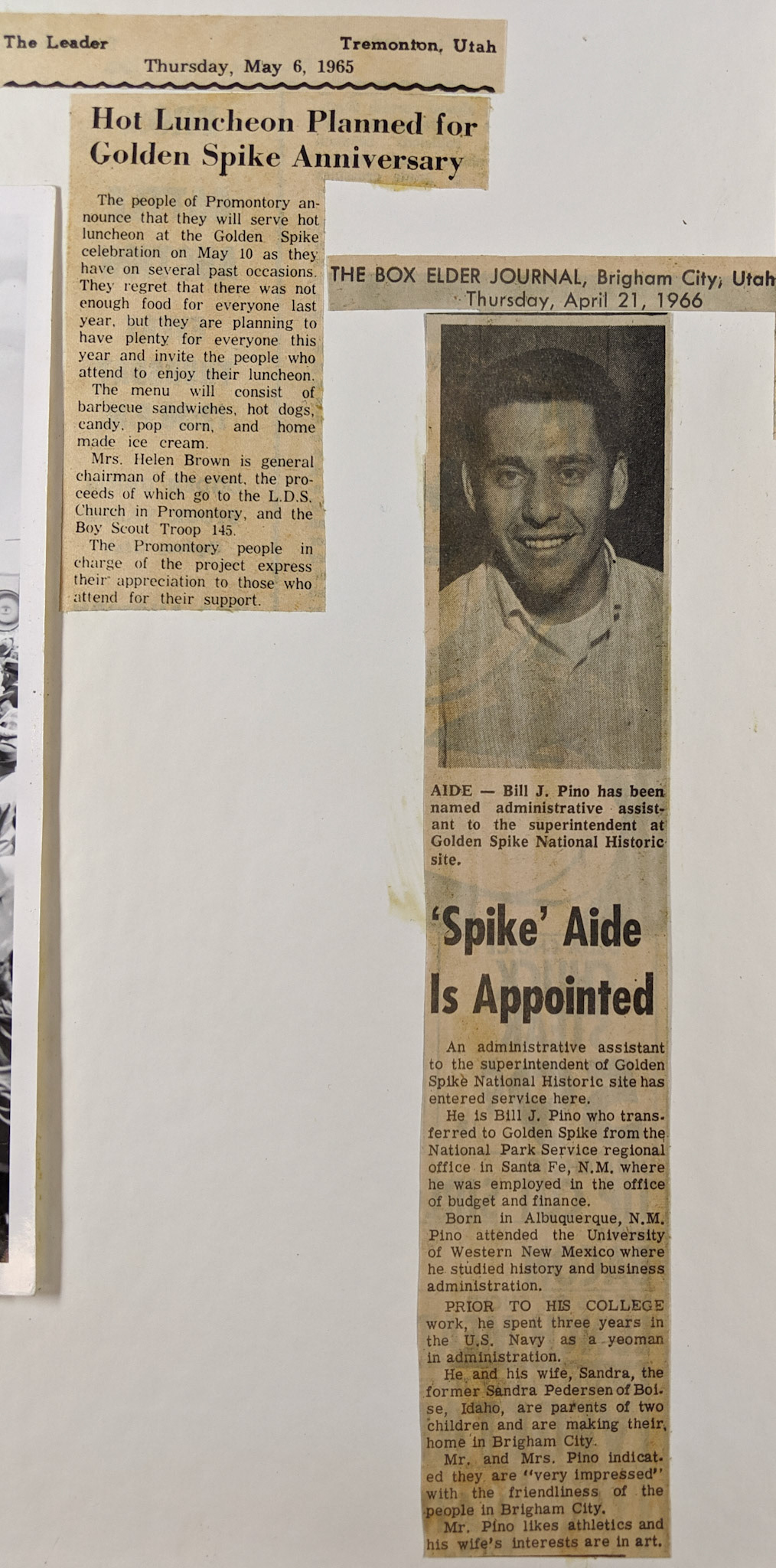 Admin. Asst. Bill J. Pino to Golden Spike Supt. Apr. 21, 1966. Bernice Gibbs Anderson Collection, NPS