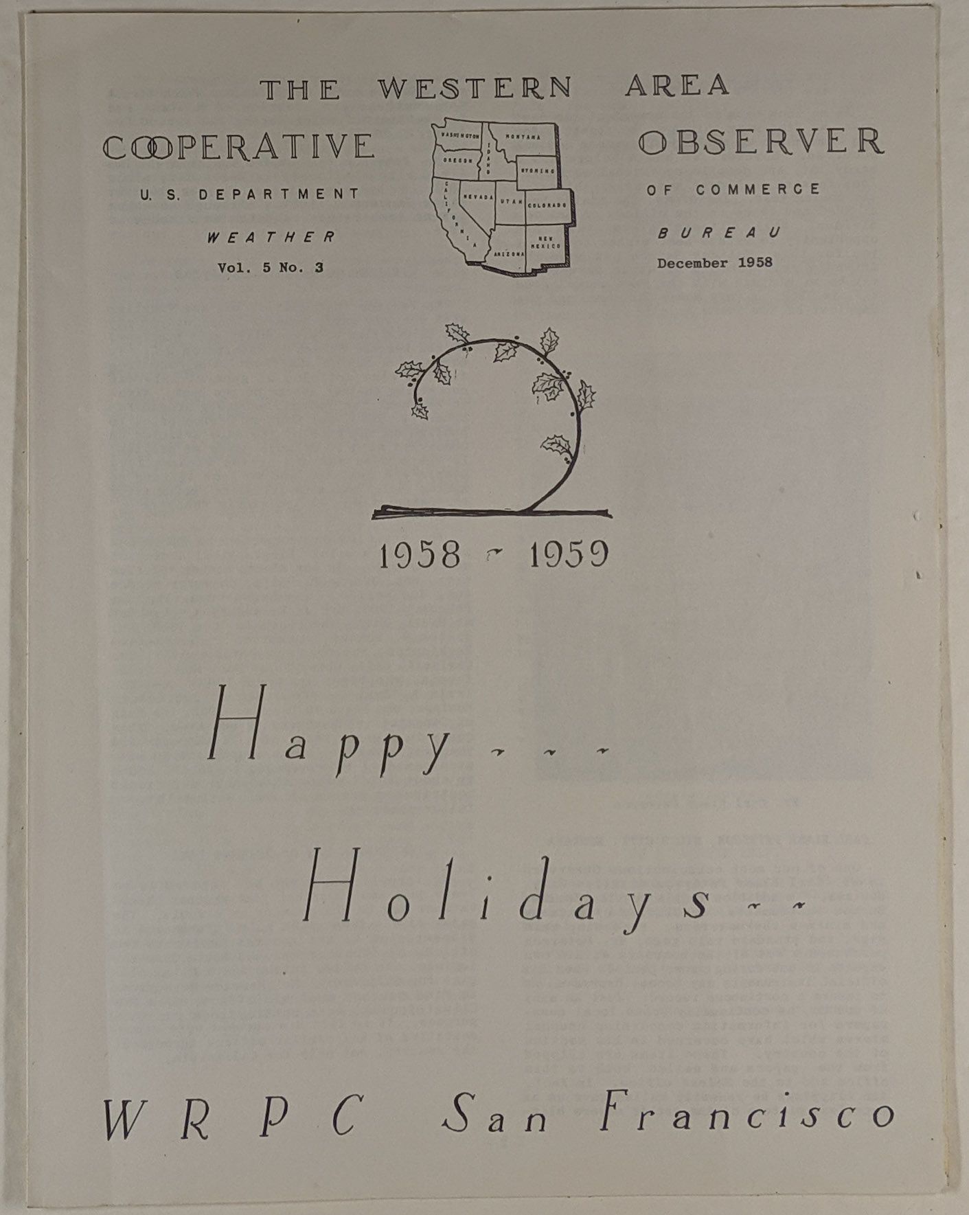 Cover of Western Area Cooperative Observer, 1958-1959, San Francisco. Bernice Gibbs Anderson Collection, NPS
