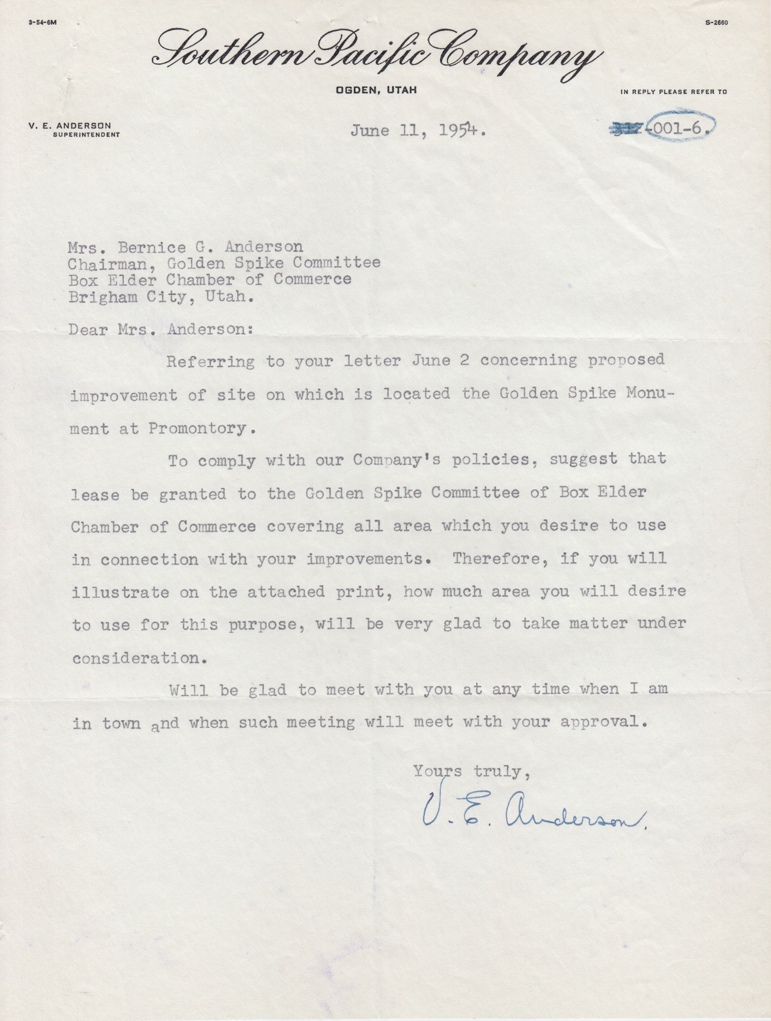 Letter from V.E. Anderson, Supt. Southern Pacific, Ogden, June 11, 1954. Bernice Gibbs Anderson, NPS