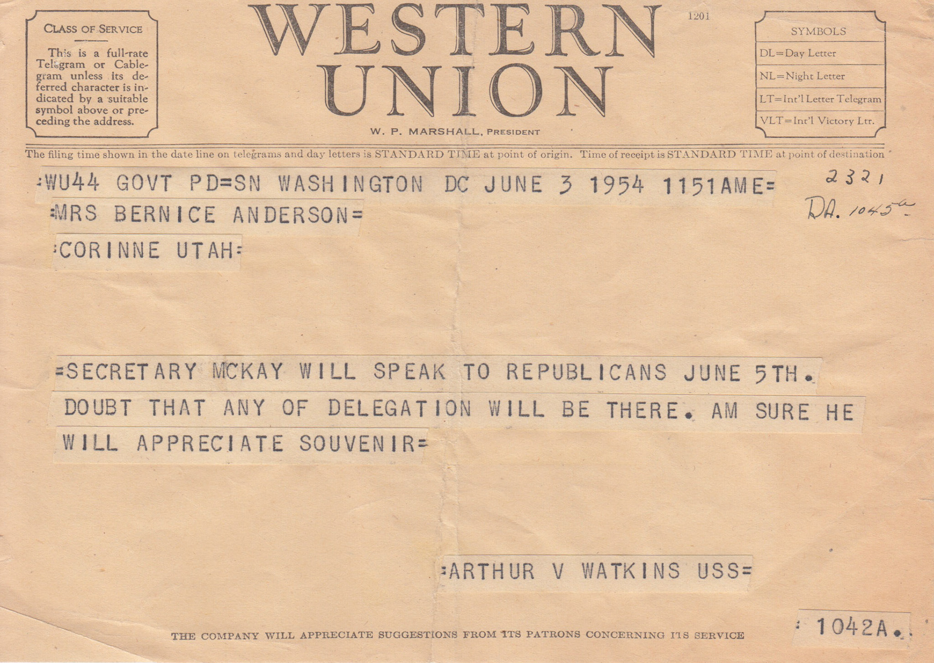 Telegram from Senator Arthur V. Watkins, June 3, 1954. Bernice Gibbs Anderson Collection, NPS