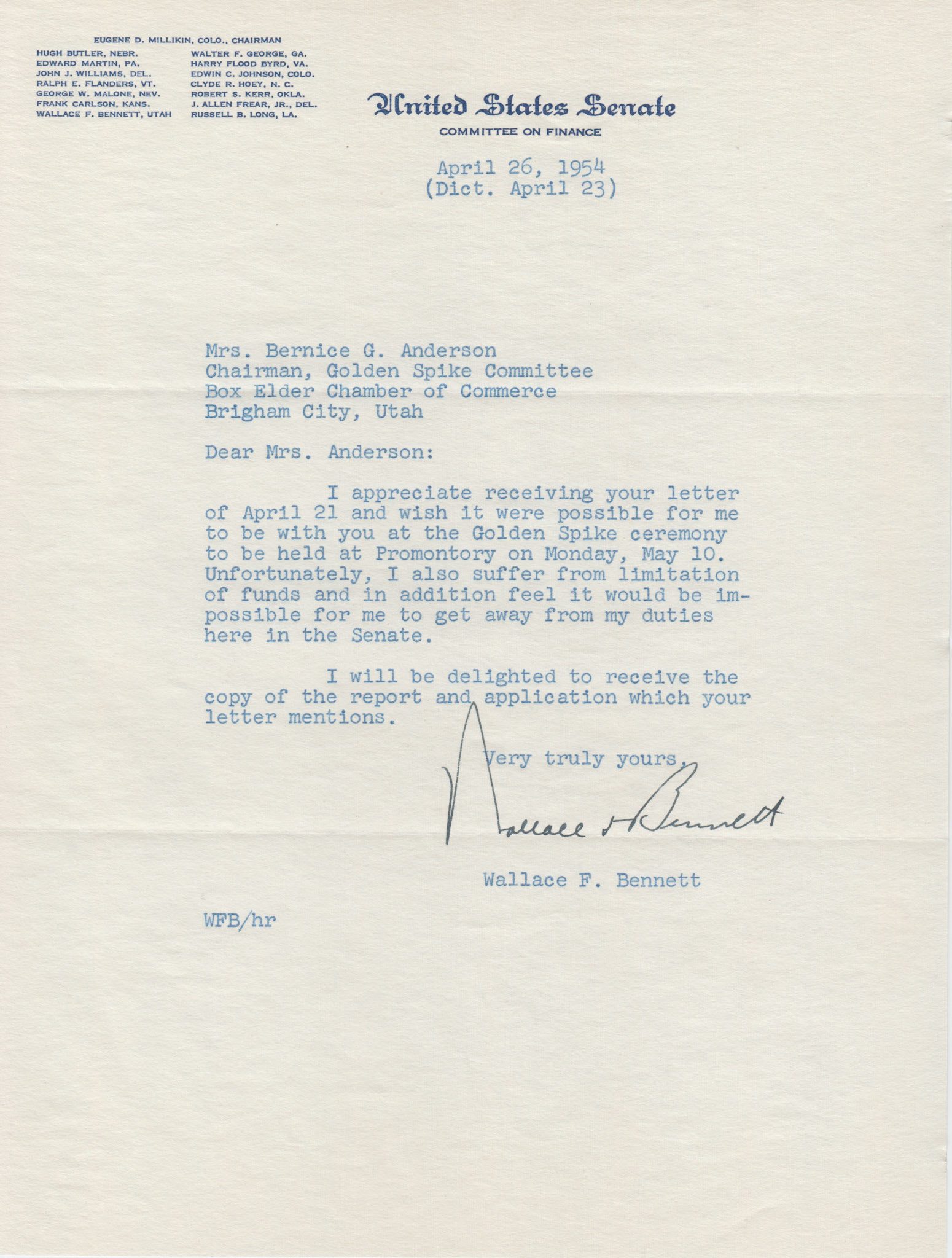Regrets from Senator Wallace F. Bennett, Apr. 26, 1954. Bernice Gibbs Anderson Collection, NPS