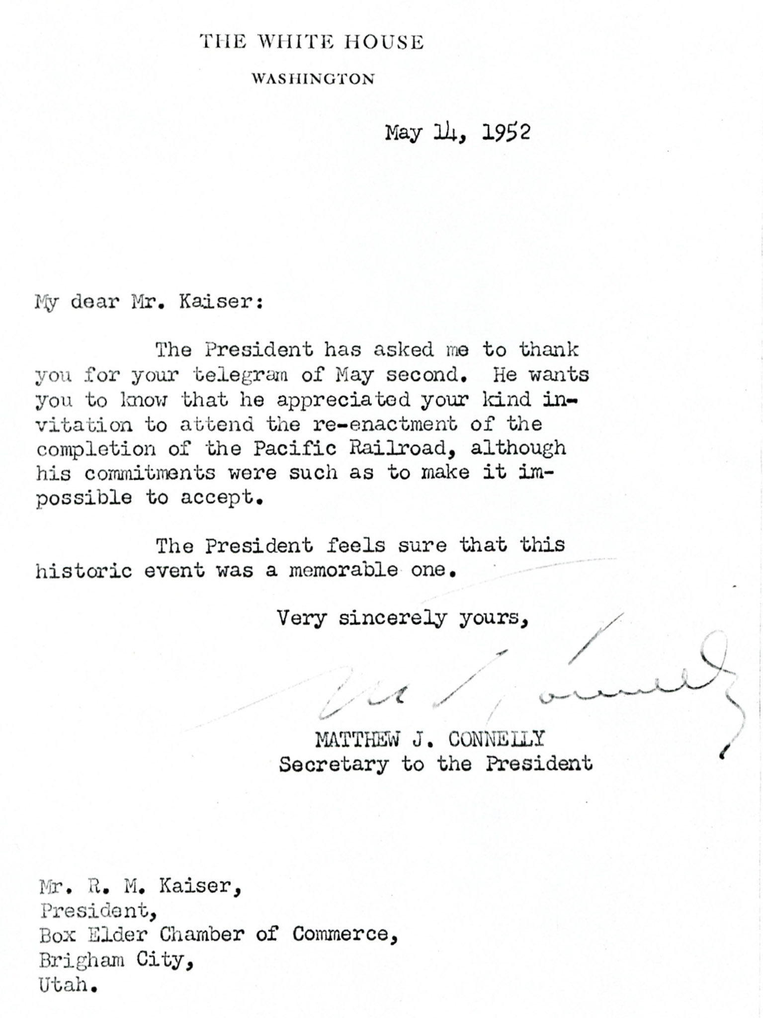Letter from White House, May 14, 1952. Bernice Gibbs Anderson Collection, NPS
