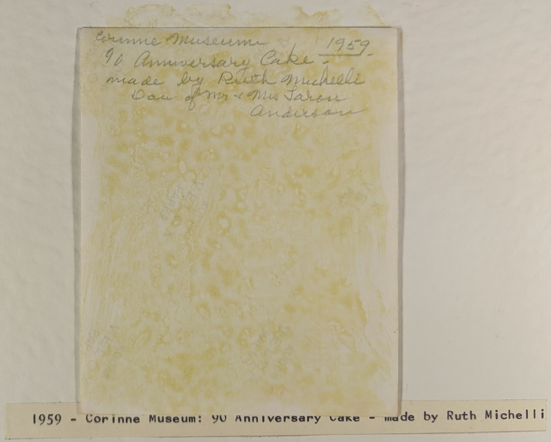 Caption on photo of Golden Spike cake for 90th Anniversary and opening of Corinne RR Museum. Bernice Gibbs Anderson Collection, NPS