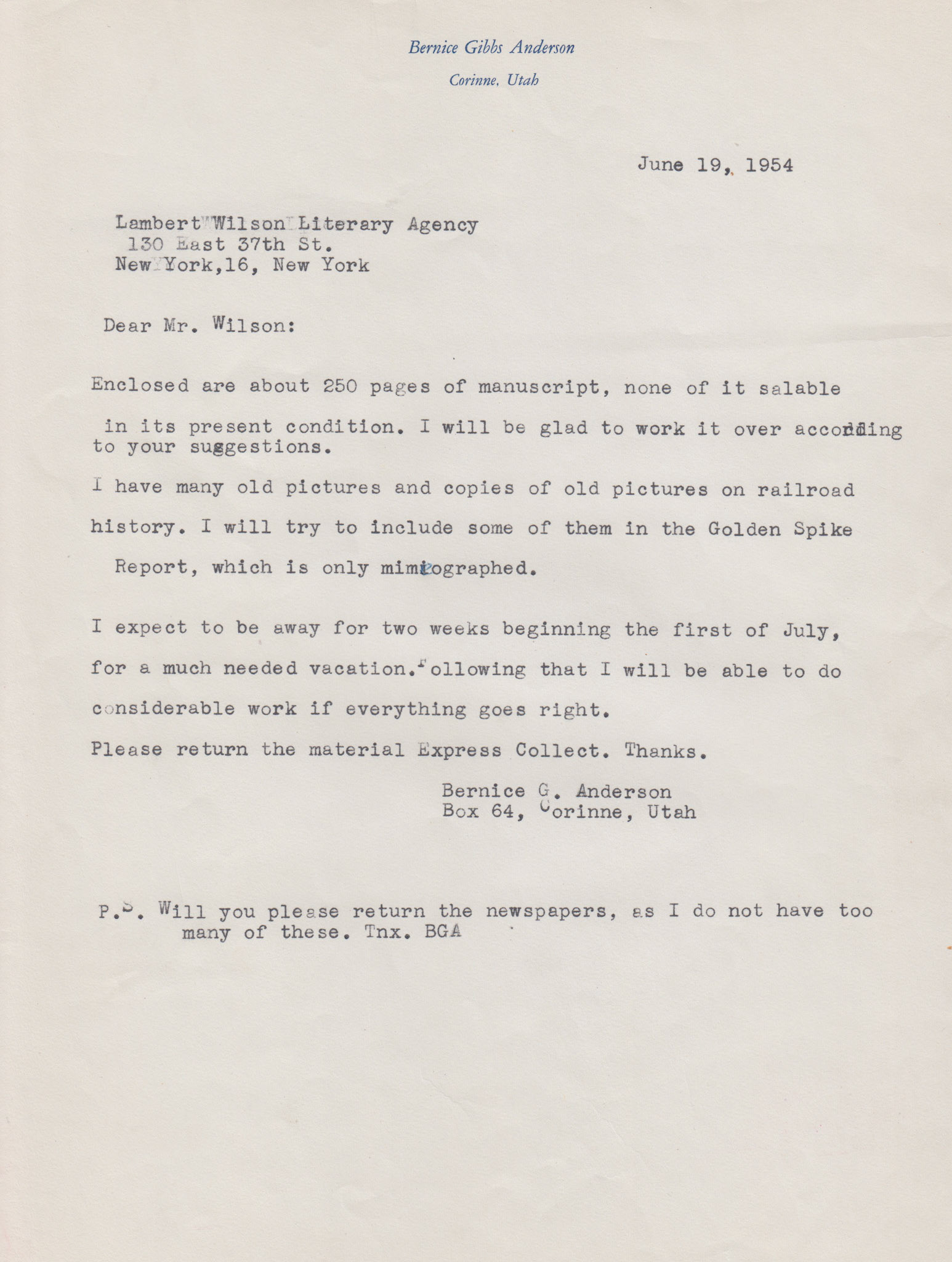 Letter to Lambert Wilson Literary Agency, June 19, 1954. Bernice Gibbs Anderson Collection, NPS