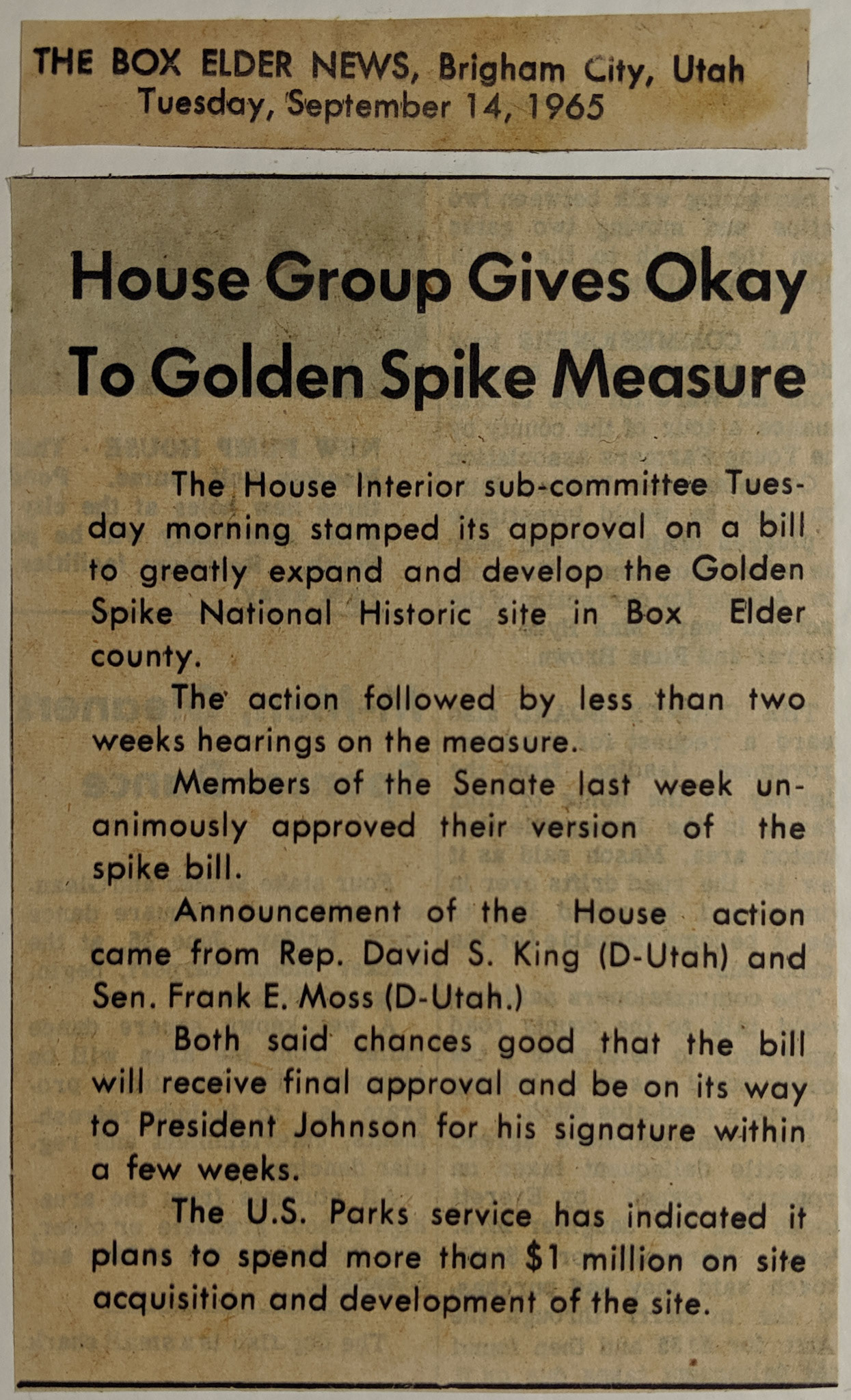 Congressional bill to expand Golden Spike, Sep. 14, 1965. Bernice Gibbs Anderson Collection, NPS